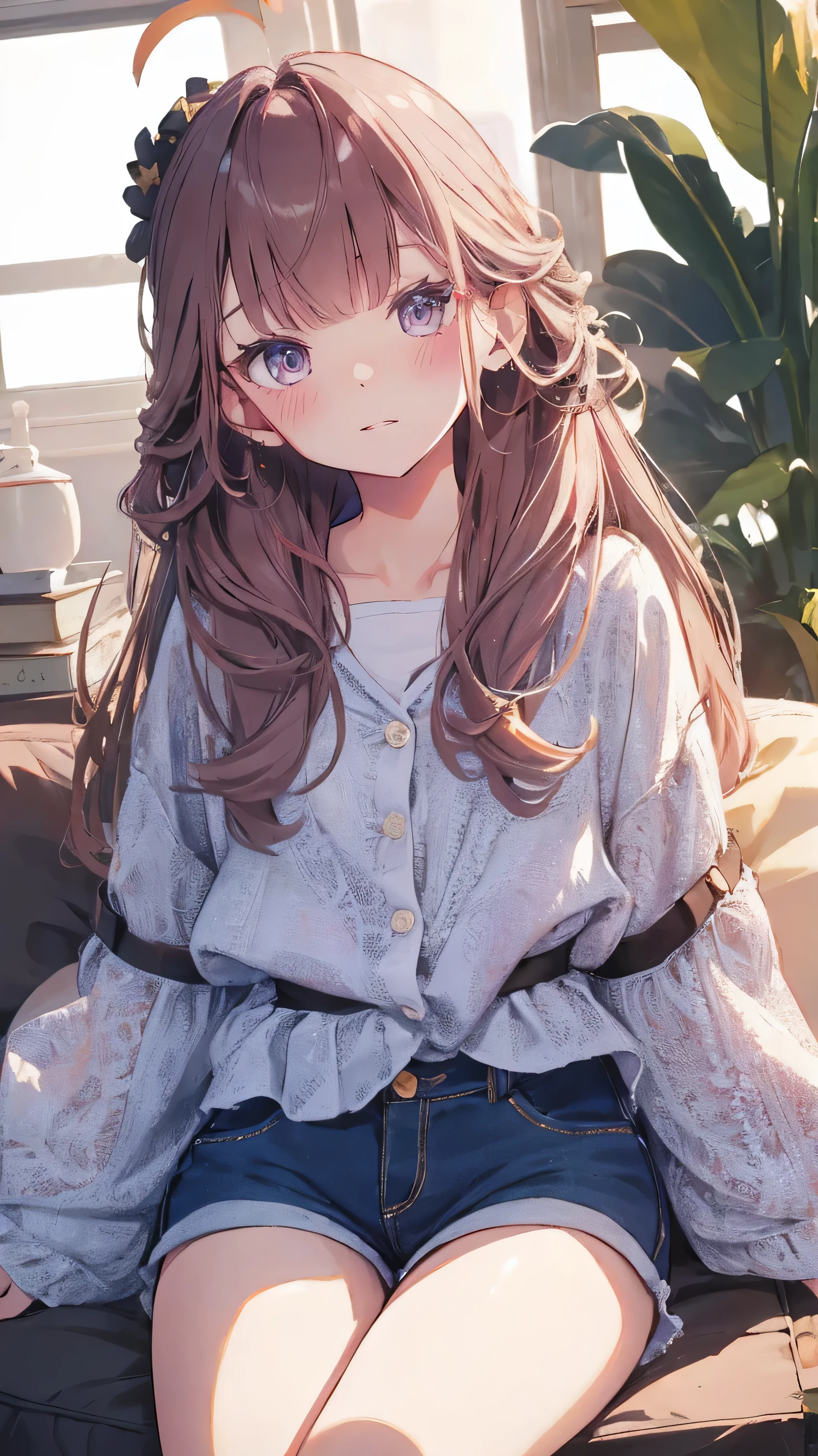 master piece、Highest image quality、highest quality、 ((panic))、glossy hair quality、small face、sitting、Super detailed and beautiful bright eyes、Super detailed clear and beautiful face、(cute illustration:1.2), High-resolution, ultra-detailed, best quality, embarrassed、(Gaps in shorts)、(cute underwear)