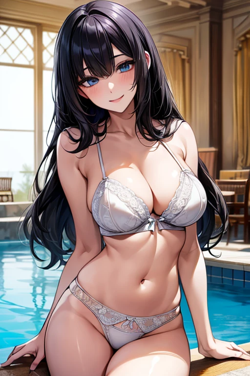 (((Black hair))), long hair, blue eyes, sexy, large breasts, beautiful body, masterpiece, smile, (((white lingerie))), sexy lingerie, hotel swimming pool,busty, buxom, curvy, voluptuous