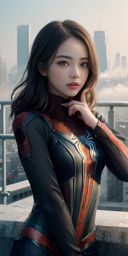 (1 girl:1.3), alone, (((Very Detailed face)))), ((The eyes and face are very detailed)))), beautiful details eyes, body parts__, official art, unified 8k wallpaper, super detailed, fair and fair, fair, masterpiece, best quality, The original, masterpiece, Super detailed photos, best quality, ultra high resolution, realism, Sunlight, full body portrait, amazing beauty, dynamic poses, delicate face, vibrant eyes, (from the front), She's wearing a Spider-Man suit, red and black color scheme, , 非常详细的城市roof背景, roof, overlooking the city, Detailed face, Detailed complex busy background, messy, Gorgeous, milky, highly refined skin, Realistic skin details, Visible pores, Clear focus, volumetric fog, 8K Ultra HD, DSLR camera, high quality, film grain, White skin, photorealism, Photography, Future dystopian metropolis, translucent