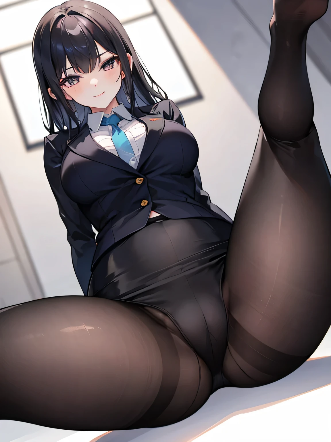 1 girl, five fingers, pencil skirt, looking down at the audience, Double tail, best quality, focus, dynamic poses, Smile is seductive and smug, suit, black pantyhose, under pantyhose,  female office worker, spread legs