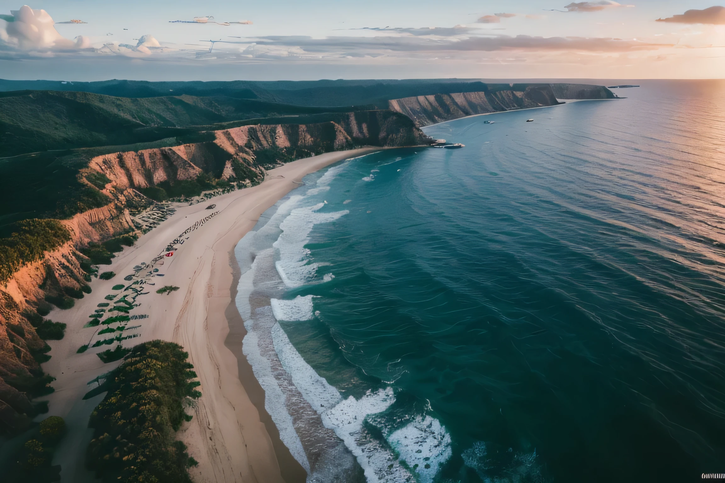 landscape photography，sea，bird&#39;s eye view，sunrise，prime time，beach，coconut tree，National Geographic Photography，martin
rak ， (RAW photo, best quality), (realistic, photorealistic:1.3), masterpiece, an extremely delicate and
beautiful, highres, original, perfect lighting, (extremely
detailed CG:1.2), unity, 2k wallpaper, Amazing, finely detail