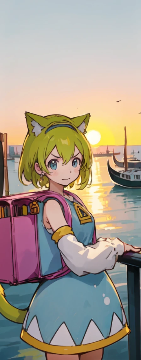 ,1girl, solo, green hair, open mouth, cat ear, tail, detached sleeves, dress, clothes, backpack, randoseru, Venezia, beautiful city with a view of the ocean, sunset, she is watching the sunset,