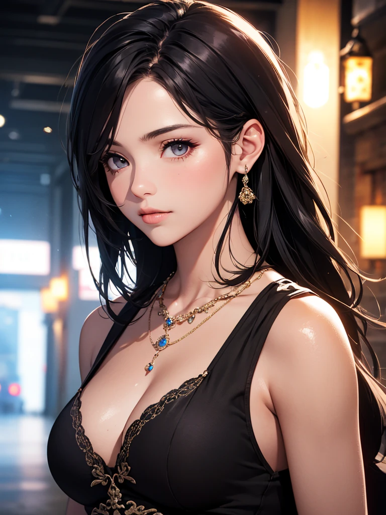 best quality, masterpiece, High resolution, a girl, Song Dynasty Clothing, necklace, jewelry, pretty face, big breasts, more than_Body, Tyndall effect, lifelike, dark studio, edge lighting, two-tone lighting, (HD skin: 1.2), 8K Ultra HD, SLR camera, soft light, high quality, Volumetric lighting, frank, photography, High resolution, 4K, 8K, Bokeh,