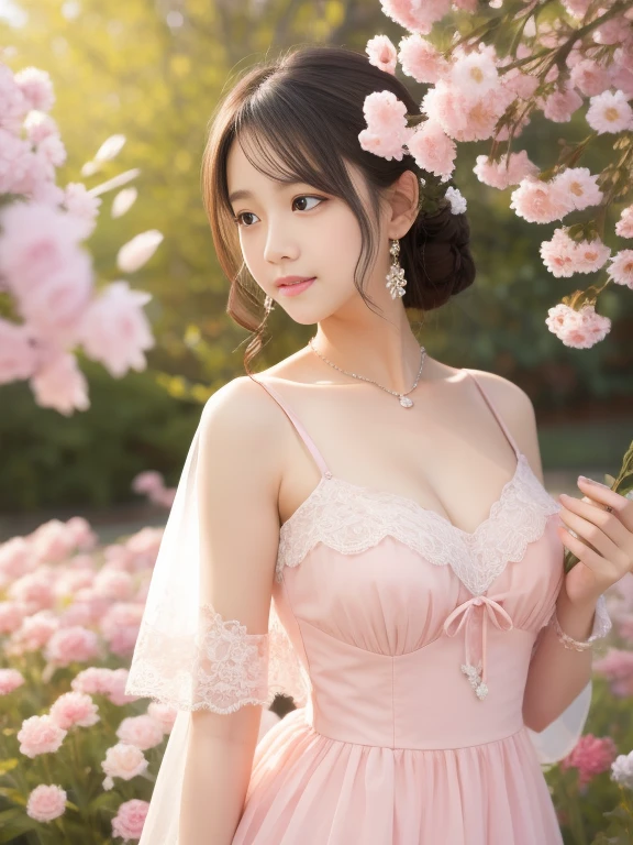 looking at the camera、Spring-like pastel pink dress、High definition、professional writing、garden