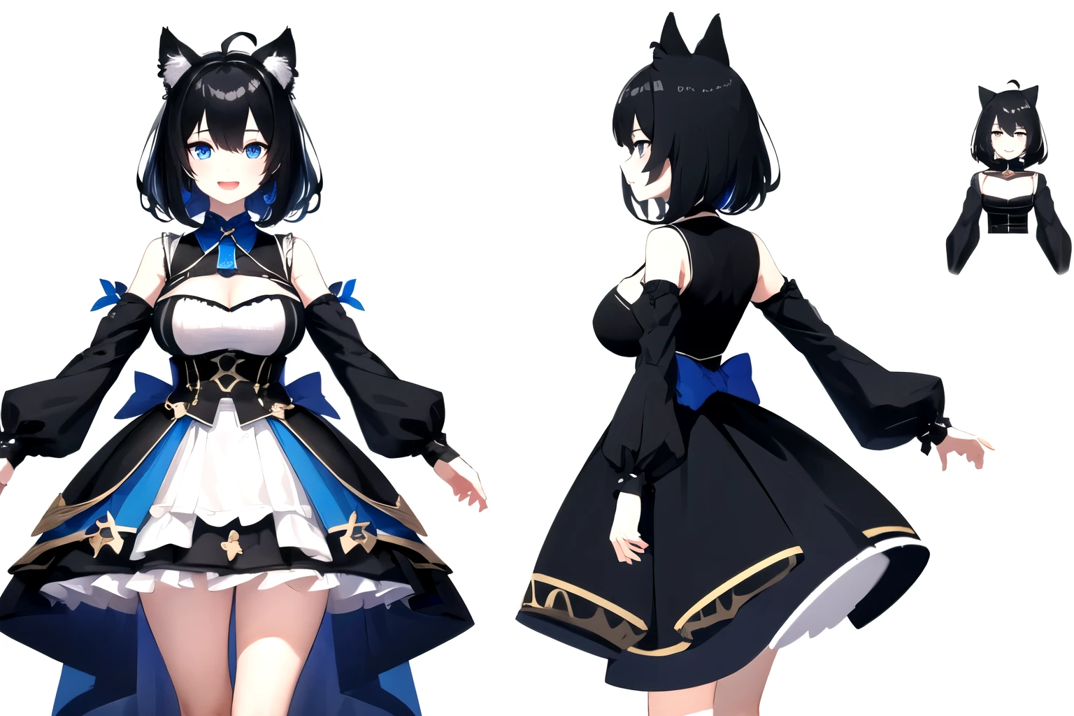 ((upright)), ((arm to the side)), looking at the viewer, simple background、white background, 1 girl, open your mouth, smile, Virtual YouTuber、with a girl、((highest quality, expensive_solve, clear_image)),(black hair), (black cat ears), (Ahoge), (ridiculously short hair), (wavy hair), (blue eyes),、laughter、very big breasts、whole body、I can see the cleavage、Dressed in student uniform、character sheet,character reference sheet, character design sheet, ((View from the front, side view)) symmetrical elements of clothing,