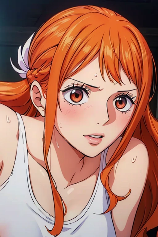 (((masterpiece))), (((best quality))), ((ultra-detailed)), (highly detailed CG illustration), Nami, (nsfw:1.1), (masterpiece:1.5), Detailed Photo, Sexy, (Best Quality: 1.4), (1girl), Beautiful Face, (Orange Hair, long Hair: 1.3), Beautiful Hairstyle, beautiful detail eyes, (realistic skin), beautiful skin, absurd, attractive, ultra high resolution, high definition, (sexually aroused:1.5), Pinkish white skin, cool white light, sexy pose, Beautiful , white background, pink soft white light, Wear a white tank top, (bukkake:1.2), 