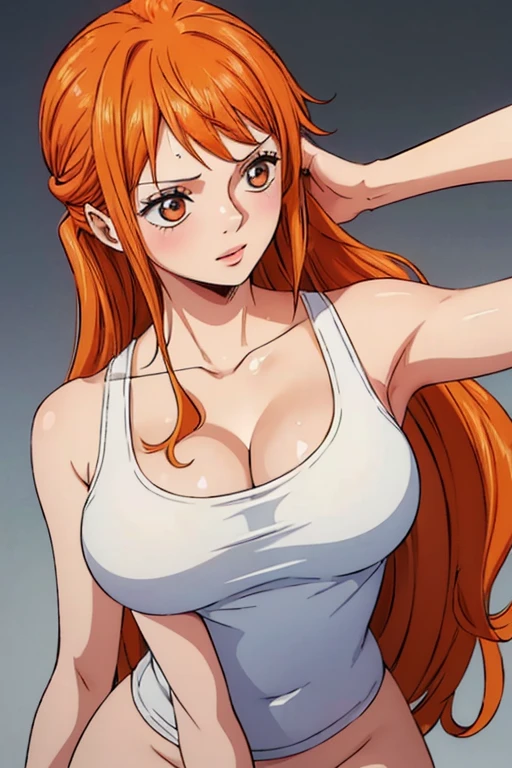 (((masterpiece))), (((best quality))), ((ultra-detailed)), (highly detailed CG illustration), Nami, (nsfw:1.1), (masterpiece:1.5), Detailed Photo, Sexy, (Best Quality: 1.4), (1girl), Beautiful Face, (Orange Hair, long Hair: 1.3), Beautiful Hairstyle, beautiful detail eyes, (realistic skin), beautiful skin, absurd, attractive, ultra high resolution, high definition, (sexually aroused:1.5), Pinkish white skin, cool white light, sexy pose, Beautiful , white background, pink soft white light, Wear a white tank top, (bukkake:1.2),