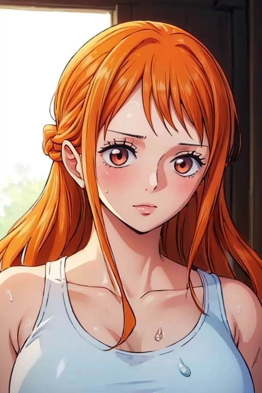 (((masterpiece))), (((best quality))), ((ultra-detailed)), (highly detailed CG illustration), Nami, (nsfw:1.1), (masterpiece:1.5), Detailed Photo, Sexy, (Best Quality: 1.4), (1girl), Beautiful Face, (Orange Hair, long Hair: 1.3), Beautiful Hairstyle, beautiful detail eyes, (realistic skin), beautiful skin, absurd, attractive, ultra high resolution, high definition, (sexually aroused:1.5), Pinkish white skin, cool white light, sexy pose, Beautiful , white background, pink soft white light, Wear a white tank top, (bukkake:1.2),