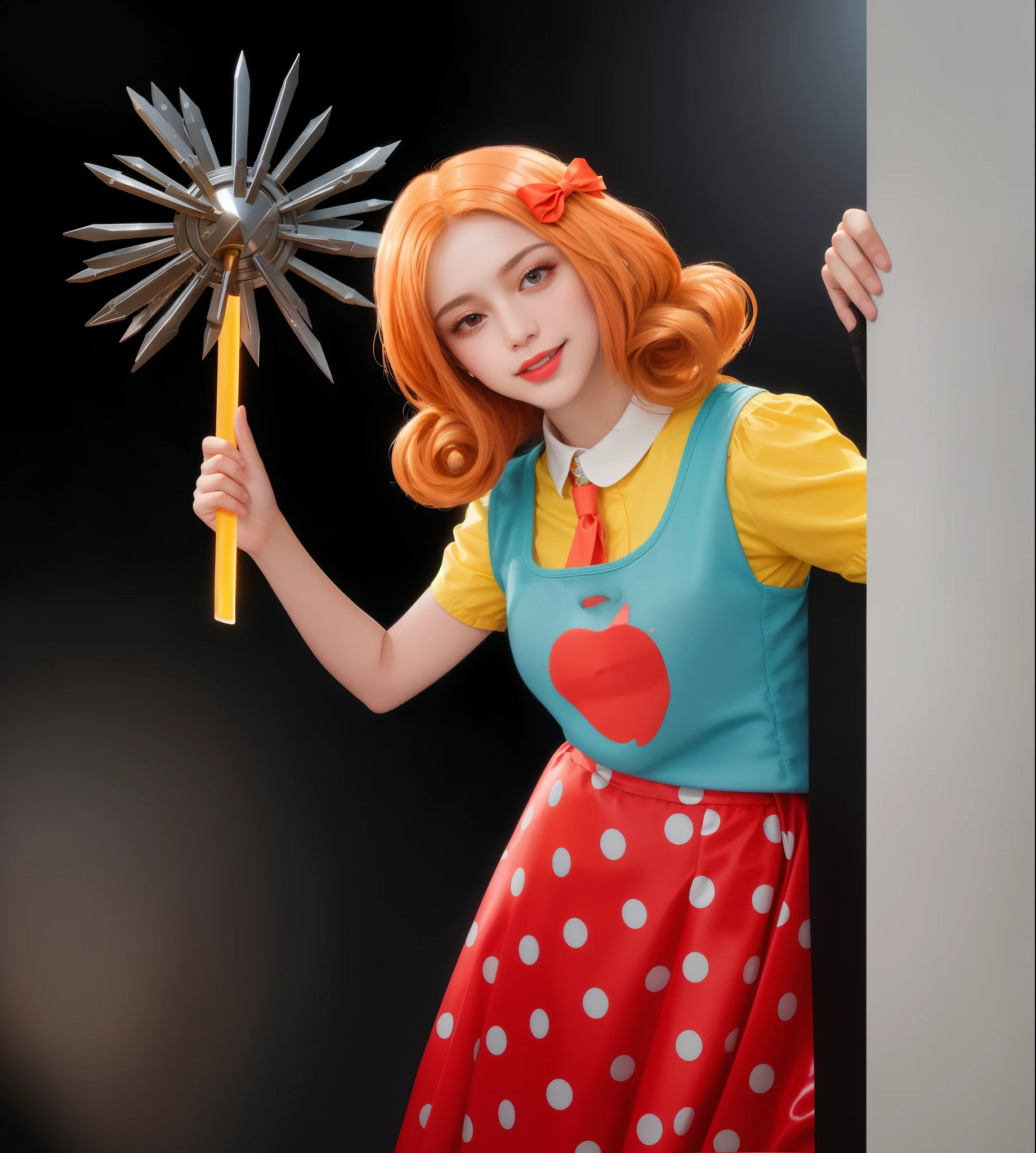 A woman with orange hair and a blue and red dress is peeking out from behind a wall. she is holding a mace, rim light, multiple light sourses/ woman looks like a doll. doll cosplay, cartoon doll girl with a mace in her hand, doll, game character, videogame character, creepy doll, large creepy smile, doll with creepy smile and red eyes, insane, she ia holding death star mace in hand, doll toy, glossy texture, smooth 3d model, multiple light sources, rim light, sharp post effects render, (glossy plastic texture with multiple big light probe refractions), perfect cgi, smooth silhouette, high intensity refraction, (super glossy material), most beautiful vfx, blue background, plastic refractions, realistic, 4k, high resolution, rim light, she is flying, she is laying on the floor, photo shoot, commercial photo,  profile shot, 4k, rim light, high resolution, 4k, glossy texture, smooth 3d model, multiple light sources, rim light, sharp post effects render, (glossy metallic texture with multiple big light probe refractions), perfect cgi, cgi art created only with gradients, smooth silhouette, high intensity refraction, (super glossy chrome material), most beautiful vfx, blue background, chrome metal refractions, multiple light sources, rim light, sharp post effects render, perfect cgi, anthropomorphic cat, digital art, detailed digital art, reflective, best quality, 4k, masterpiece:1.2, ultra-detailed, realistic, vivid colors, dark and moody lighting, The image of the highest quality, ensuring every detail showcased perfectly. It in 4k resolution, allowing viewers to immerse themselves in the richness of the colors and intricate details. The realistic rendering. under the spotlight, reflecting, high-resolution image, realistic rendering, dark background, and rim light photorealistic