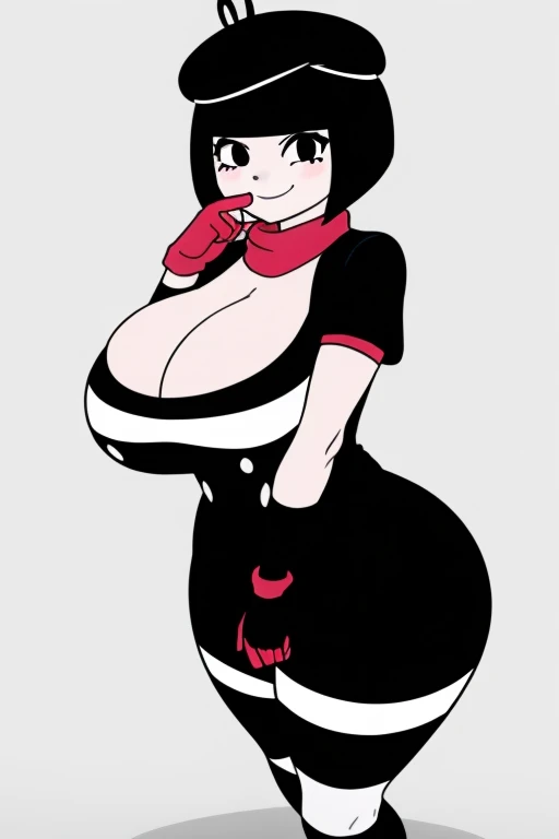 highly detailed, Bonbon, white and black striped suit, red fingerless gloves, black eyes, black short hair, beret, finger on mouth, smile, short sleeves, ????????????????
 