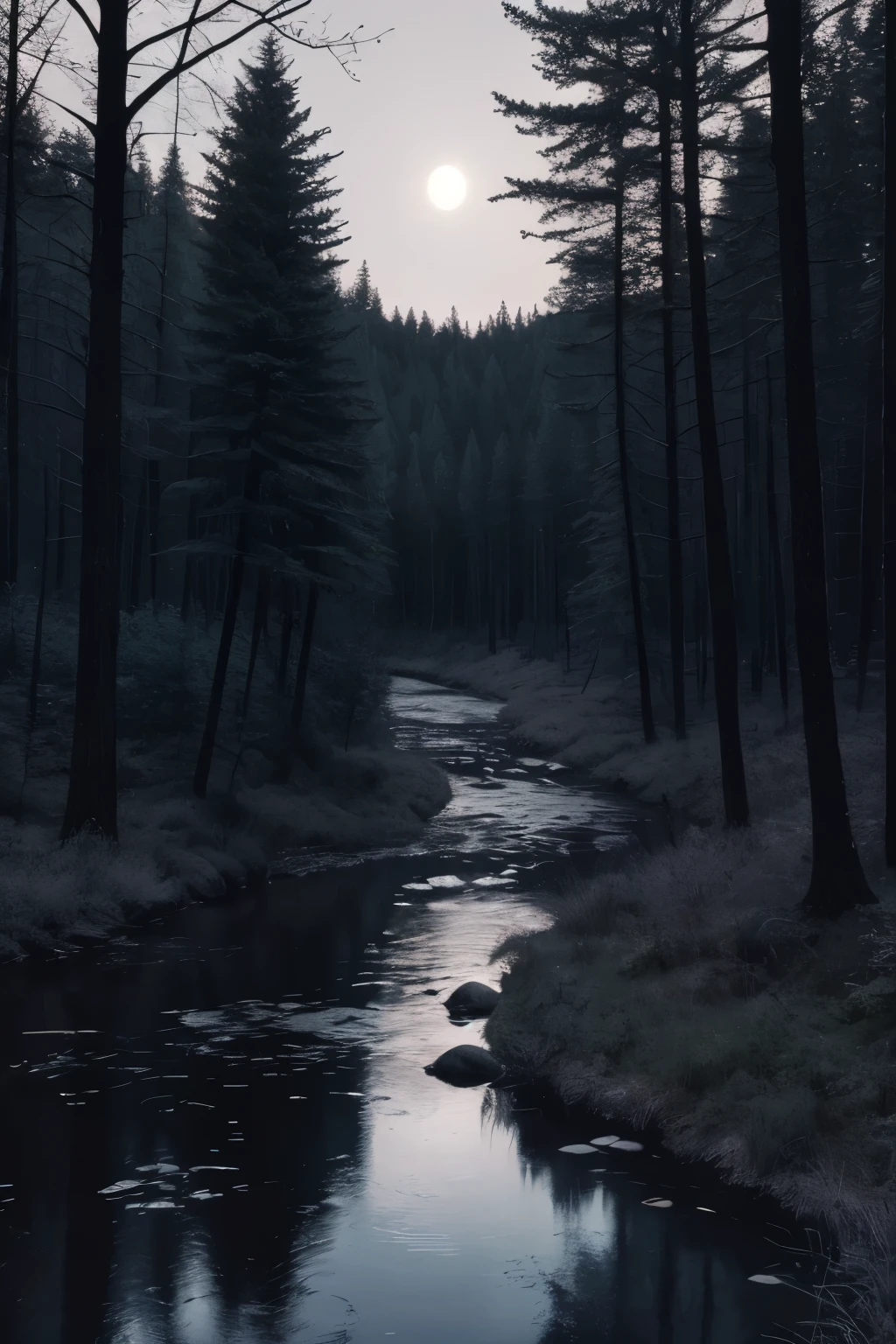 A river in a dark forest with blood water in middle night with full moon 