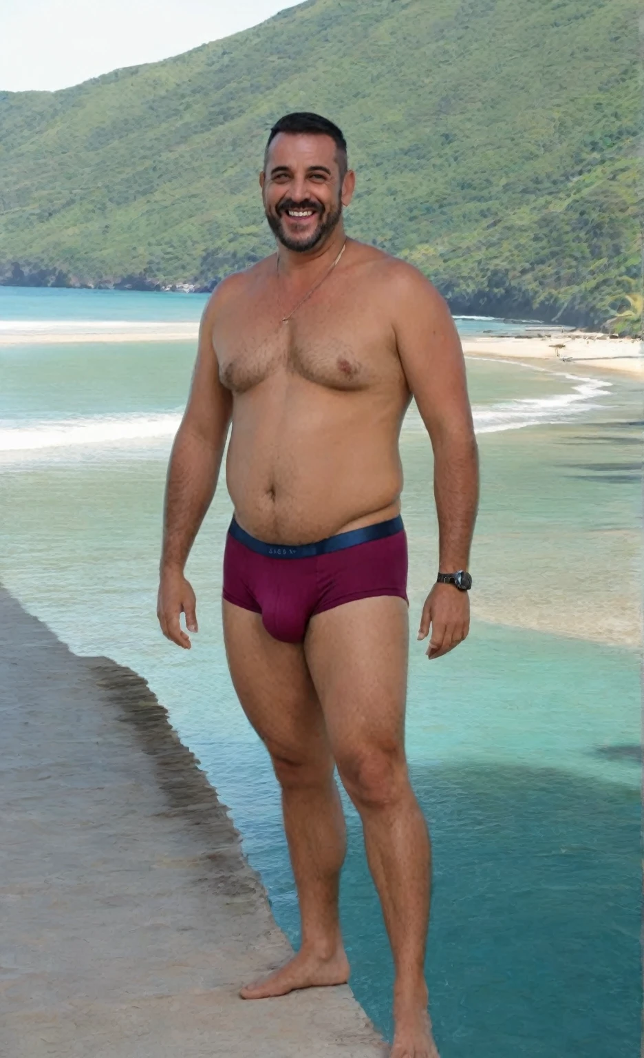 Homem de cueca, sorrindo, cueca, bojo grande,big dick, corpo robusto e encorpado, big daddy body, aparenta 30 anos 