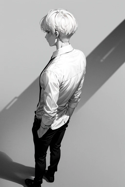 monochrome,masterpiece,illustration, best quality, best aathetic,male focus,
a man standing,full body,back,shirt,18 years old,white hair,short hair,looking away:1.4,
solo,long shot,Low angle and full shot, overhead shot,from above,white background,from behind,