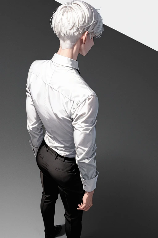 monochrome,masterpiece,illustration, best quality, best aathetic,male focus,
a man standing,full body,back,shirt,18 years old,white hair,short hair,looking away:1.4,
solo,long shot,Low angle and full shot, overhead shot,from above,white background,from behind,