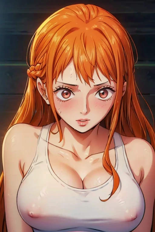 (((masterpiece))), (((best quality))), ((ultra-detailed)), (highly detailed CG illustration), Nami, (nsfw:1.2), (masterpiece:1.5), Detailed Photo, Sexy, (Best Quality: 1.4), (1girl), Beautiful Face, (Orange Hair, long Hair: 1.3), Beautiful Hairstyle, beautiful detail eyes, (realistic skin), beautiful skin, absurd, attractive, ultra high resolution, high definition, (sexually aroused:1.5), Pinkish white skin, cool white light, sexy pose, Beautiful , white background, pink soft white light, Wear a white tank top, (bukkake:1.5),