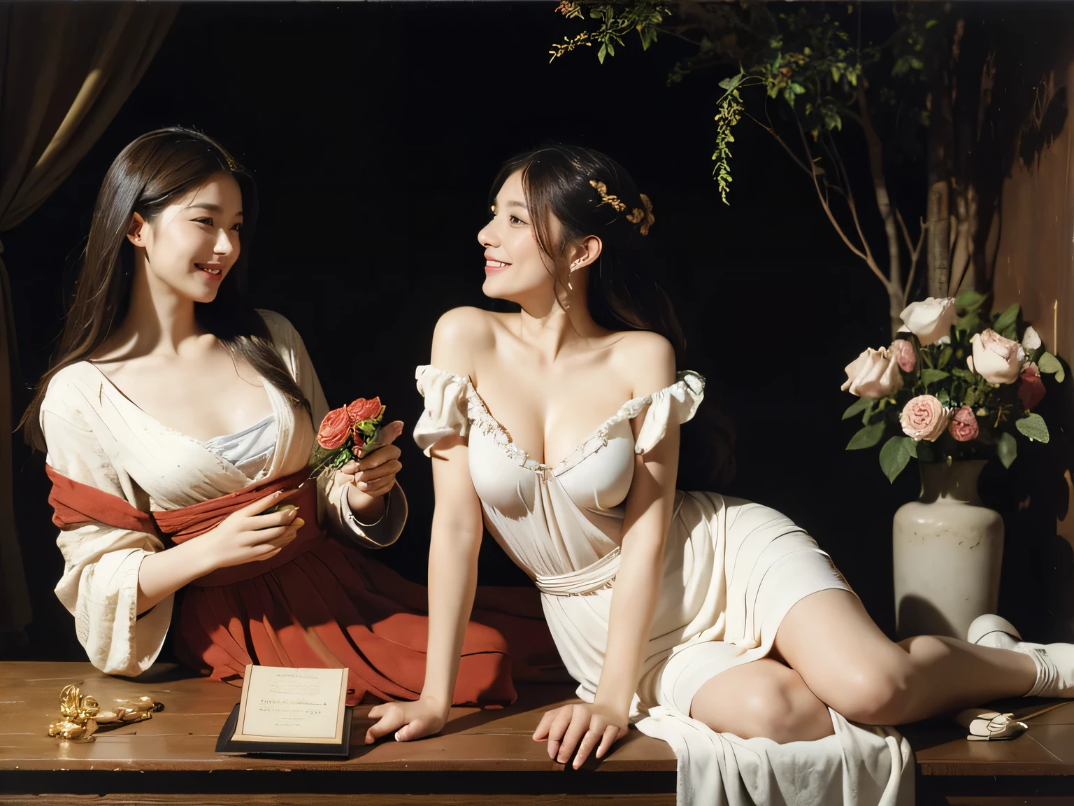 Geometry,stain glass,12 zodiac signs,Vigée Leblanc style,Math、Astronomical utensils,astronault,Roses in a vase,fruits,cute little,A smile,Ancient Greek costumes,Paintings by Sandro Botticelli,Costume with stretched shoulders,huge smile,large full breasts,Ecstasy expression,A sexy,Beautiful bare skin,Underwear bite,Women who seduce you