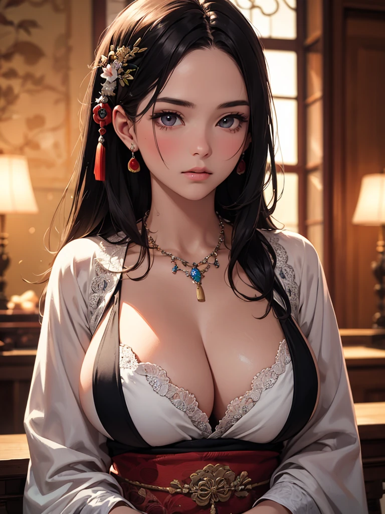 best quality, masterpiece, High resolution, a girl, Qing Dynasty Clothing, necklace, jewelry, pretty face, big breasts, more than_Body, Tyndall effect, lifelike, dark studio, edge lighting, two-tone lighting, (HD skin: 1.2), 8K Ultra HD, SLR camera, soft light, high quality, Volumetric lighting, frank, photography, High resolution, 4K, 8K, Bokeh,