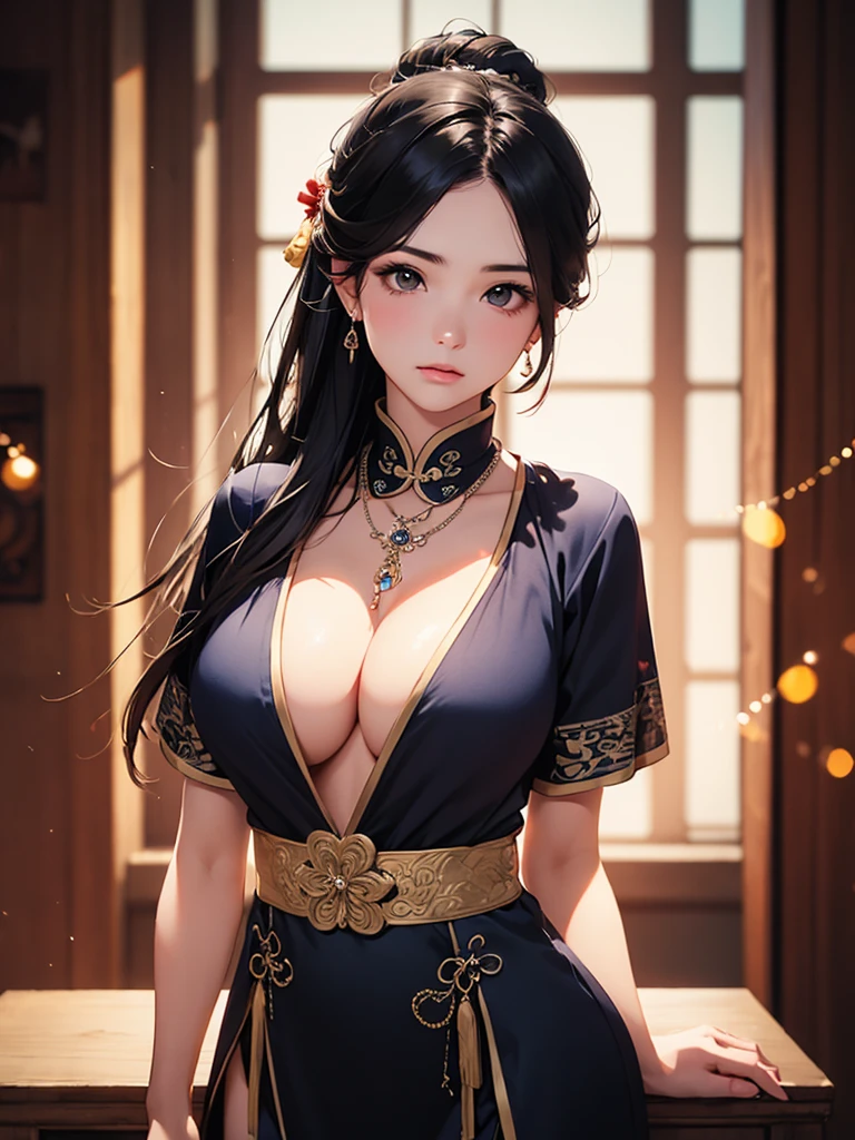 best quality, masterpiece, High resolution, a girl, Qing Dynasty Clothing, necklace, jewelry, pretty face, big breasts, more than_Body, Tyndall effect, lifelike, dark studio, edge lighting, two-tone lighting, (HD skin: 1.2), 8K Ultra HD, SLR camera, soft light, high quality, Volumetric lighting, frank, photography, High resolution, 4K, 8K, Bokeh,