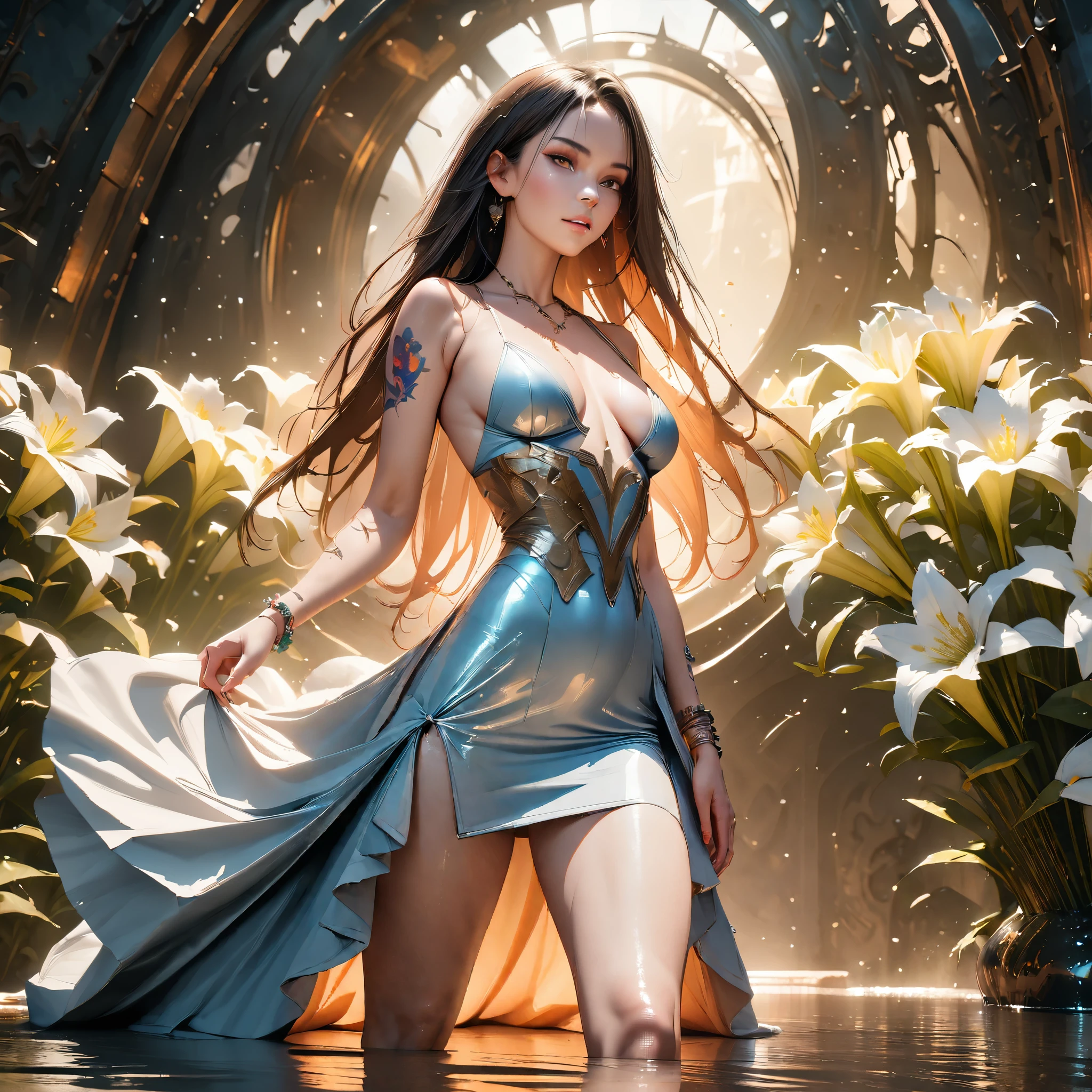 ((1 girl - solo, full length, waist-deep, loose - relaxed pose, standing)), (masterpiece, best quality: 1.3), (ultra detail: 1.3), (best quality, high resolution, photo-realistic: 1.37 )). ((Orange, pink, white, and green details), (girl, in flower-T tattoos, starry sky-white hair), (dark hair, shoulder-length, long hair), (elegant body, dark stylish T-shirt, tech clothes: 1.1), (beautiful hands in jewelry bracelets, tattoos, (Rockstar)). ((Calm look, relaxed pose, standing)). ((Abstract background with lines and circles), (Technical background - abstraction, ( high-tech), (many flowers - lilies), (real flowers decorate the interior), (flowers look amazing), exquisite design, mostly in light colors: (white, blue, yellow, gold)). ((Best quality), (surrealism: 1.3), (masterpiece: 1.2), (fantasy: 1.2, surrealism: 1.3),).((High resolution, sharp image), (best quality: 1.37), (realistic 3D rendering), (settings, soft light - shadows, flooded sunlight, contrasting shadows - cold tones, warm soft light)). (Technical background - abstraction), (modern style, HD detail, cinematic, surrealism, Deep focus, ray tracing, Diffusion.
