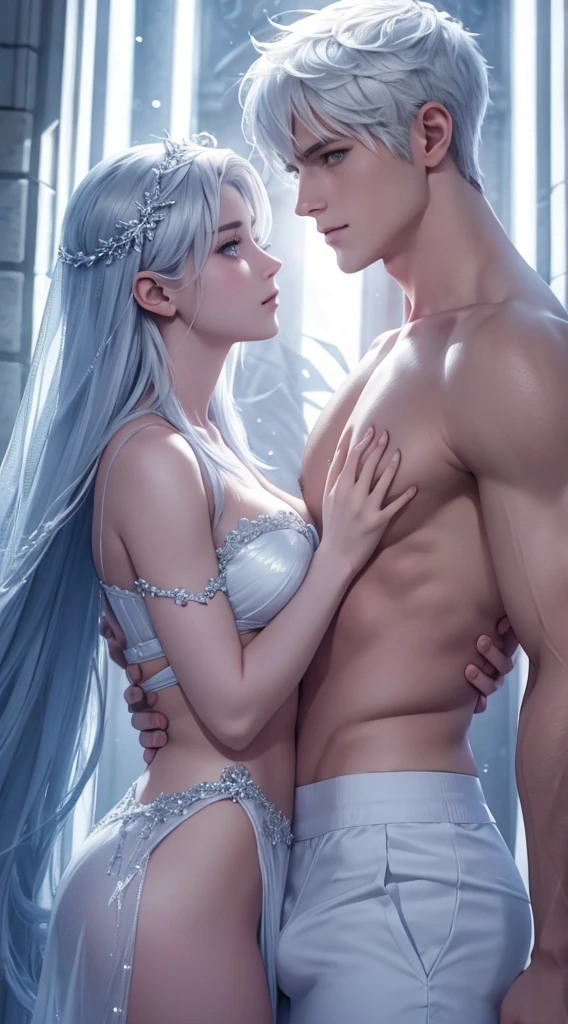 Half body shot a beautiful couple,  very handsome hunky celestial white super bulge shirtless Jack Frost and very beautiful and sexyness celestial white ice Princess , standing firmly face frontal camera focus asymmetrical face details,charachter, beautiful, devian art, trending artstation, digital art, detailed, realistic, humanoide, character,cinematic sho ,cinematic lights, high textures, high resolution, dreamlikeart, 8k, highly detailed, stabilized diffusion 