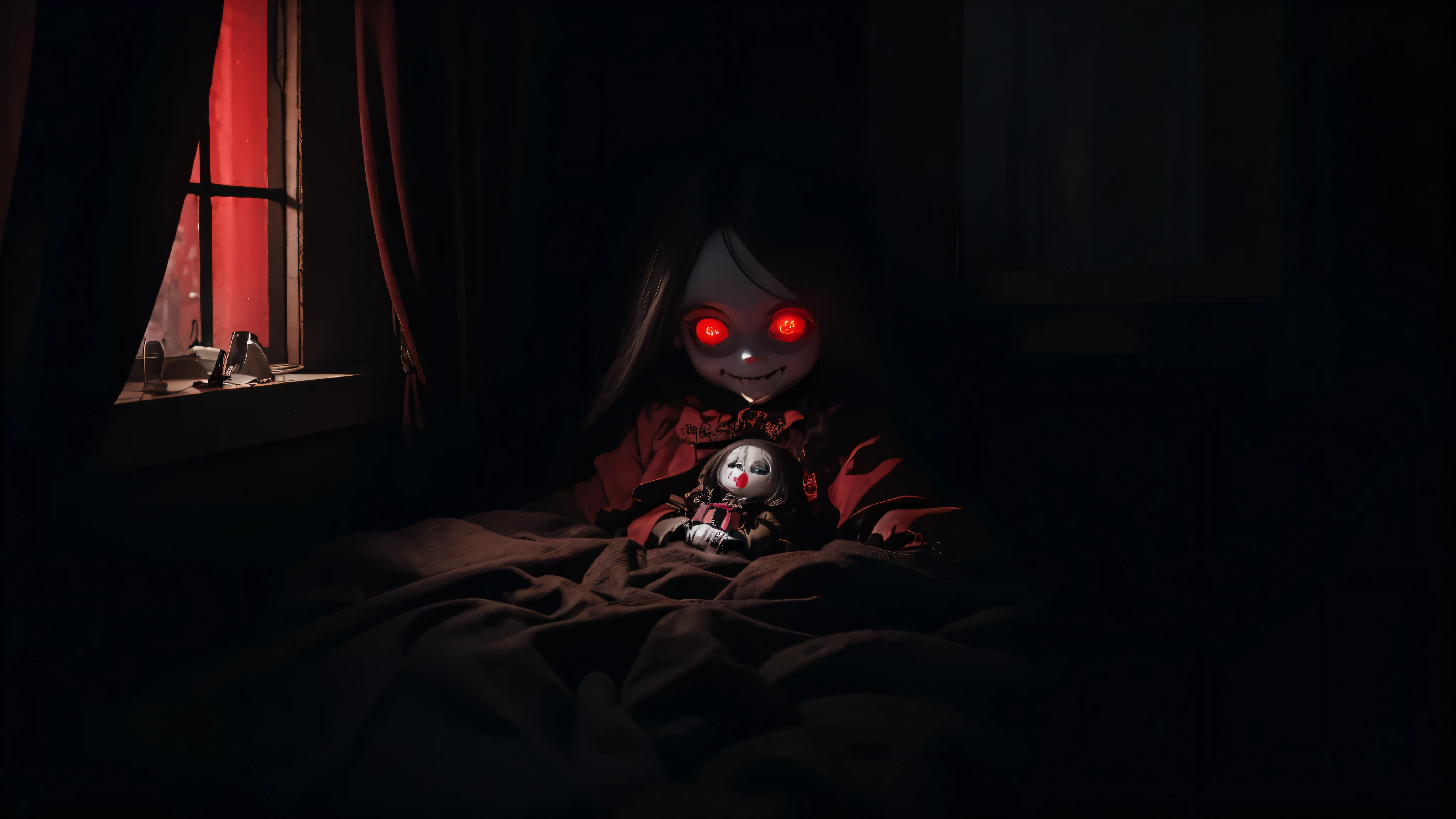 "A creepy possessed doll with glowing red eyes and a twisted smile."