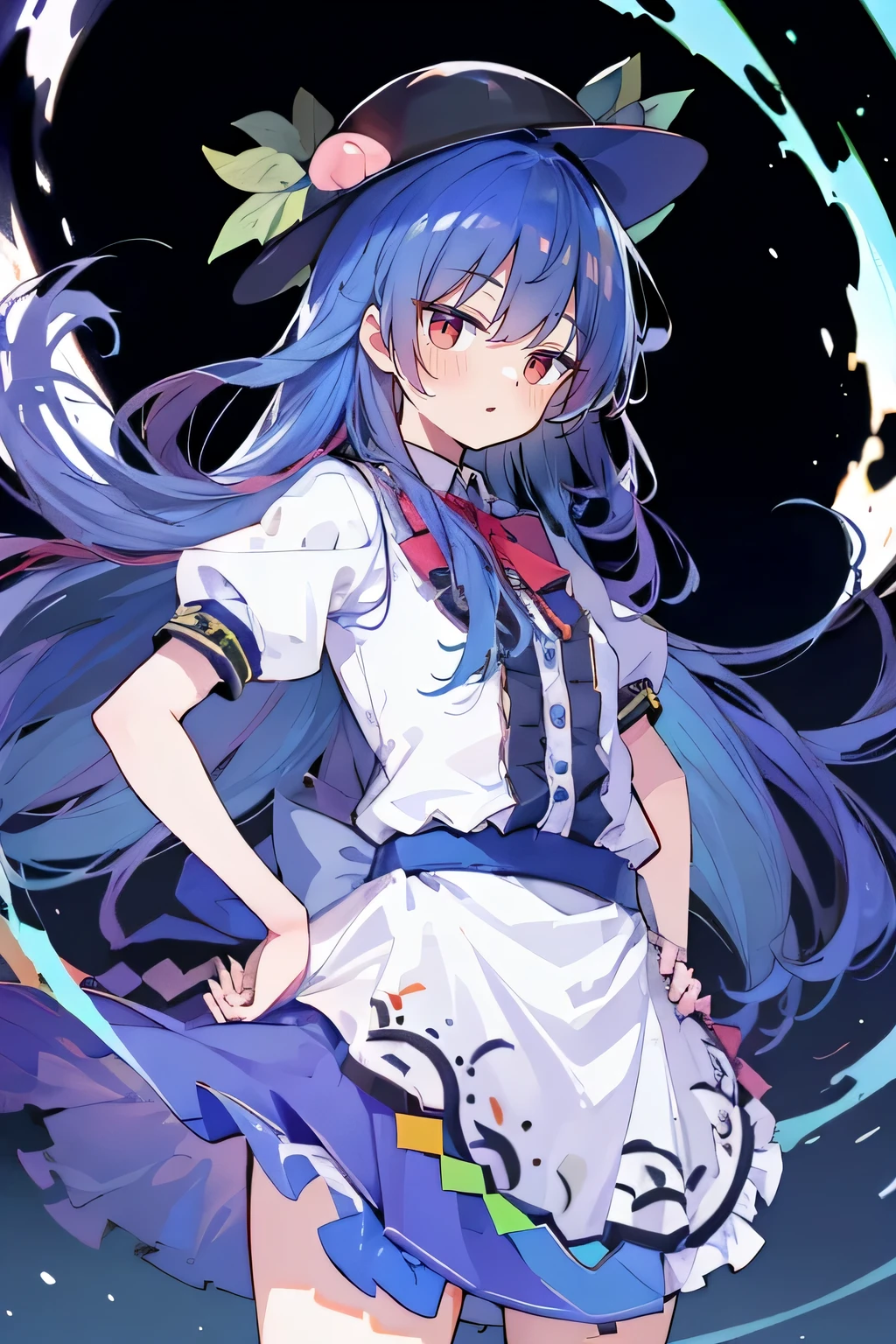 (masterpiece),best quality, expressive eyes, perfect face, 1girl,
 hands on waist,beautiful, gorgeous,anime,girl,lora,hinanawi tenshi, blue hair, blue haired, floating clothes,waist grab, grabbing waist, mains sur les hanches , hands on hips,flat chest