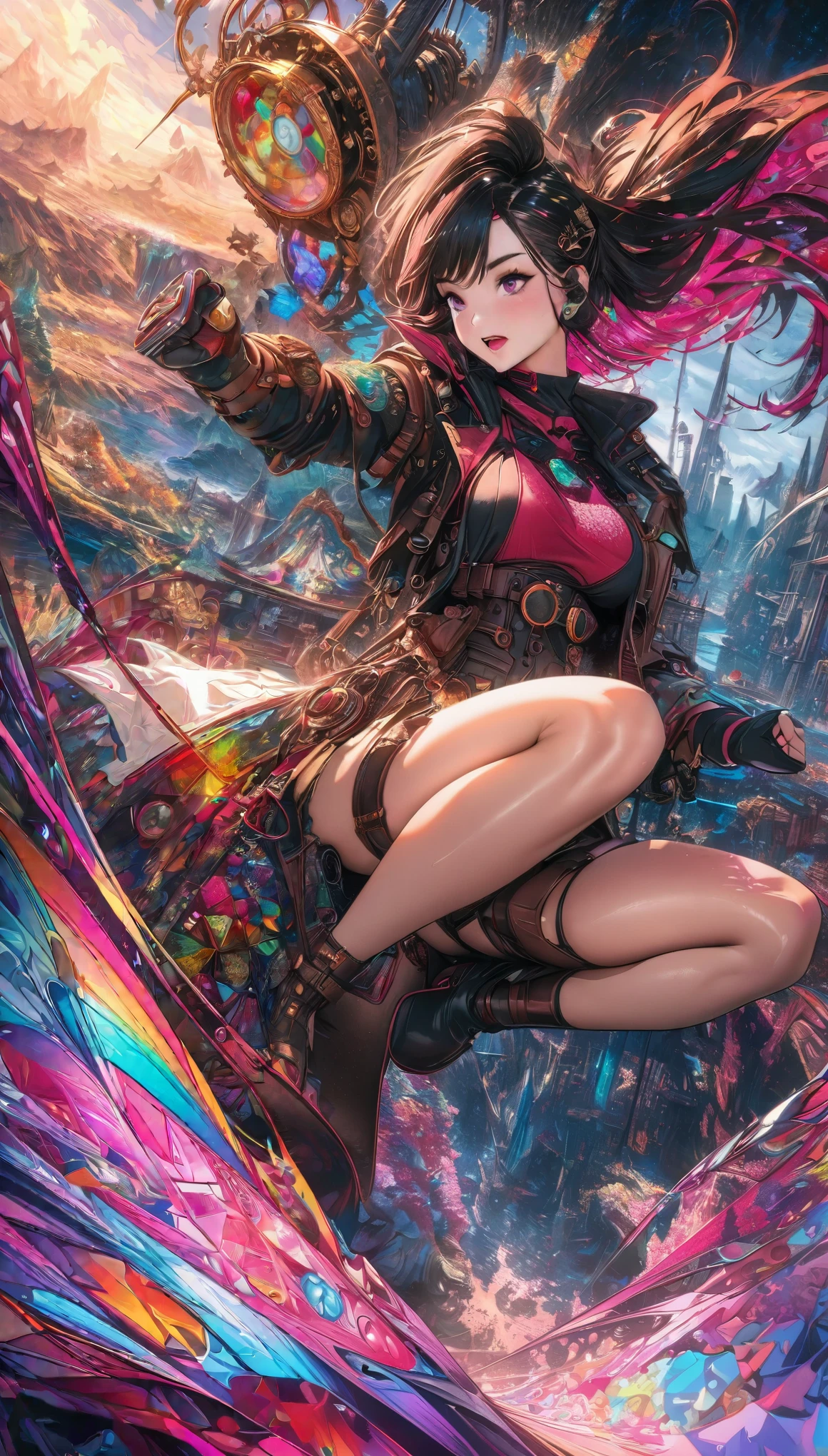 best quality, super fine, 16k, incredibly absurdres, extremely detailed, beautiful warrior girl fighting the enemy, kicking pose, kaleidoscope of (Cyberpunk:0.7), steampunk, dieselpunk, and clockpunk, kaleidoscope made of hot pink and sparkling gold plated and sparkling silver plated and finely crushed colorful gemstones, blend art, mixture art, fractal art, zentangle art, design art, fantasy world image, fantastic and mysterious