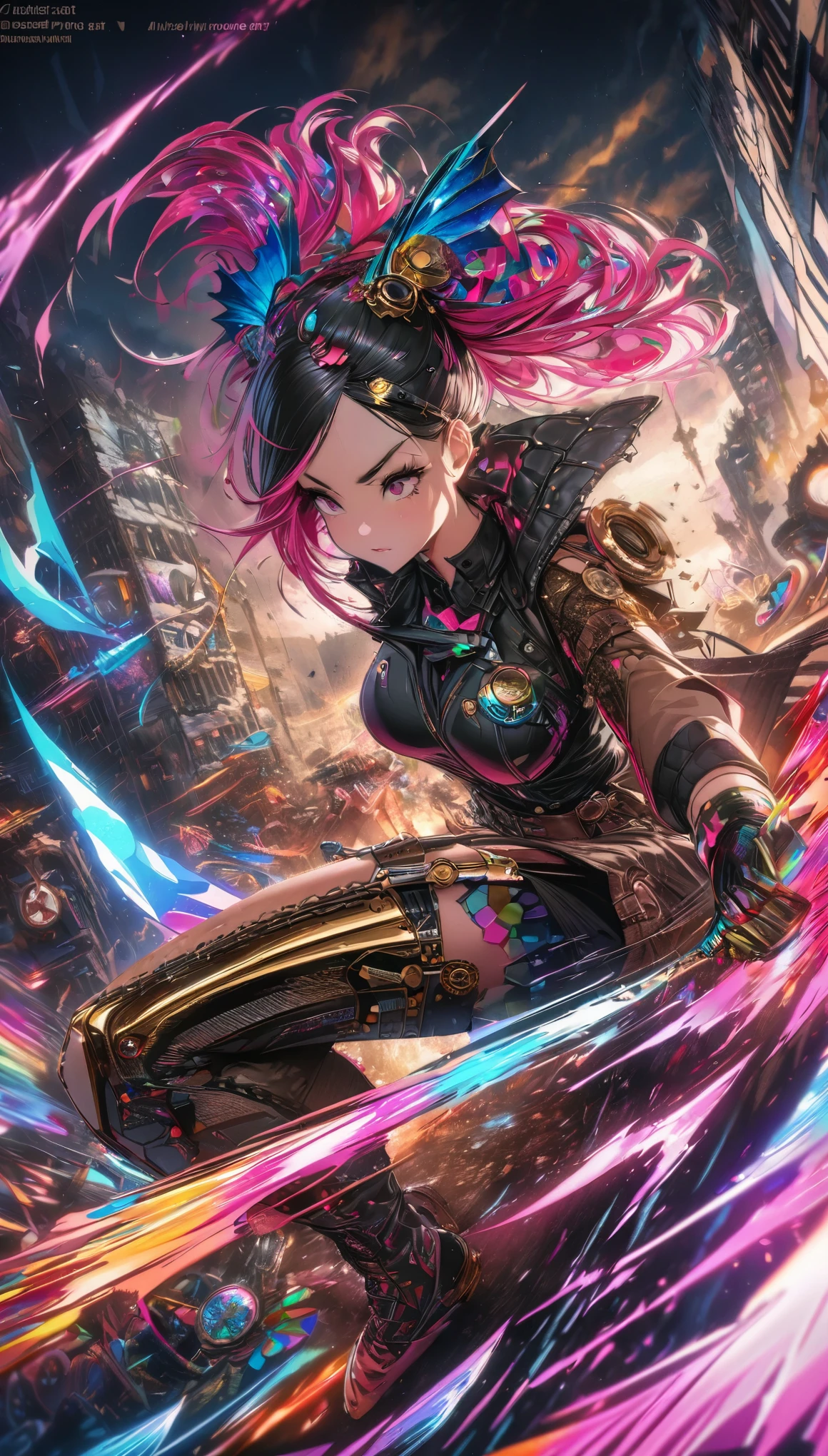 best quality, super fine, 16k, incredibly absurdres, extremely detailed, beautiful warrior girl fighting the enemy, kicking pose, kaleidoscope of Cyberpunk, steampunk, dieselpunk, and clockpunk, kaleidoscope made of hot pink and sparkling gold plated and sparkling silver plated and finely crushed colorful gemstones, blend art, mixture art, fractal art, zentangle art, design art, fantasy world image, fantastic and mysterious, motion-blur, action-lines, speed-lines, destroyed building