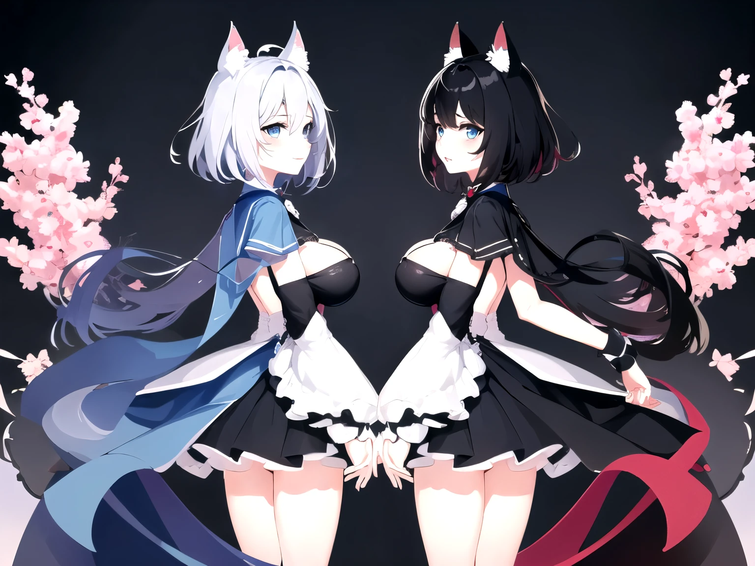 ((upright)), ((arm to the side)), looking at the viewer, simple background、white background, 1 girl, open your mouth, smile, Virtual YouTuber、with a girl、((highest quality, expensive_solve, clear_image)),(black hair), (black cat ears), (Ahoge), (ridiculously short hair), (wavy hair), (blue eyes),、laughter、very big breasts、whole body、I can see the cleavage、Dressed in student uniform、character sheet,character reference sheet, character design sheet, ((View from the front, side view)) symmetrical elements of clothing,