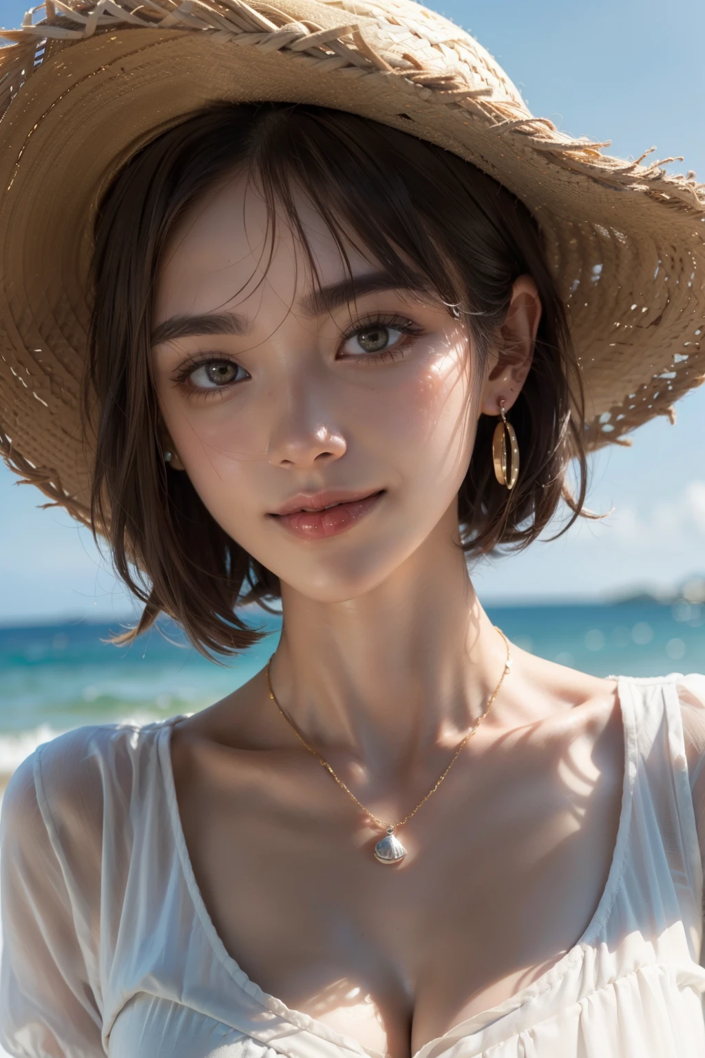 (HighestQuality, 8K,32k,masterpiece, UHD:1.2),extremely detailed CG unity 8K wallpaper,intricate details,Raw photo,(realistic:1.4),atmosphere,ultra high resolution,genuineistic,genuine,Huge_file size,incredibly absurd,(in the center:1.3),ultra illustration,(Super detailed),dramatic lighting,different colors,Depth of the bounds written,art:Krenz Kushart,golden hour lighting,Photographed with Canon EOS,SIGMA art lens 35mm F1.4,ISO200 Shutter speed 2000,blurred background,
break,
1 girl,(smile:1.4),Because I'm slender,(short hair with see-through bangs,:1.4),alone,20 year old Japanese beauty, (sea, straw hat, white tops,:1.5),(light brown hair:1.5),((brown eyes)),largechest,chest, Soft white skin that shines in every detail,pale skin,very beautiful face,very well-shaped face,natural and realistic face,Highest,detailed and beautiful eyes,Impressive, large eyes,detailed eyes, smile, closed mouth, detailed mouth,lip details,glossy beautiful lips,glossy lips,simple earrings,necklace,jewelry, alone focus,low neckline,
break,
light from the front,cool,Are standing,sensual expression, break,
(dutch angle:1.4),looking at the viewer,
break,Tzuyu,Yui Aragaki,