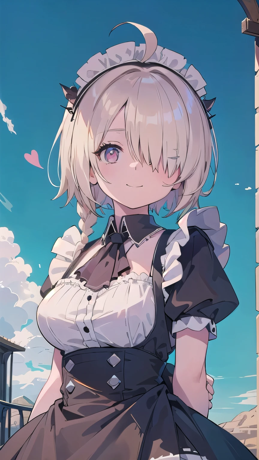 (masterpiece:1.2), (highest quality:1.2), perfect eyes, perfect face, perfect lighting, sunlight, outdoor, desert, 1 boy,blonde red eye, ((((((hair over one eye)))))), Braid Styles, spiked hair, blunt bangs, bob hair, single braid, a braid, Ahoge, cute eyes,, (((gothic maid))), cute eyes, closed mouth, ((from below)), ((front)), ((smile)), spoken heart, big breasts, wariza