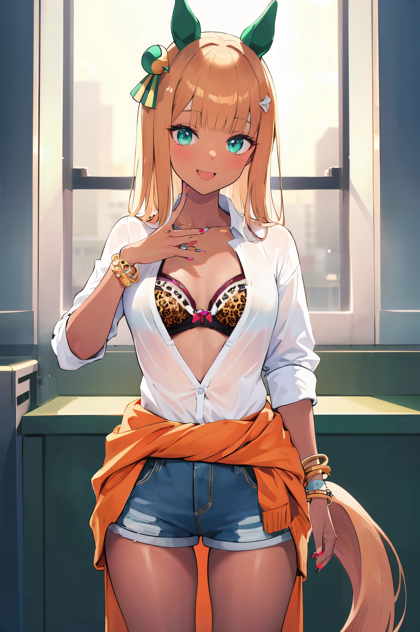 masterpiece, best quality, highres, silencesuzuka, green eyes, (horse girl, horse ears), horse tail, kogal gyaru, jewelry, hair ornament, bracelet, (tan), (makeup), polished nails, long fingernails, (flat chest), dress shirt, Denim shorts, bra peek, leopard print, dark skin, 😄, hands on waist