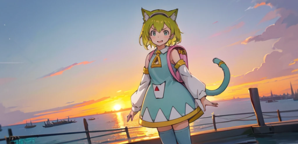 ,1girl, solo, green hair, open mouth, cat ear, tail, detached sleeves, dress, clothes, backpack, randoseru, Venezia, beautiful city with a view of the ocean, sunset, she is watching the sunset,