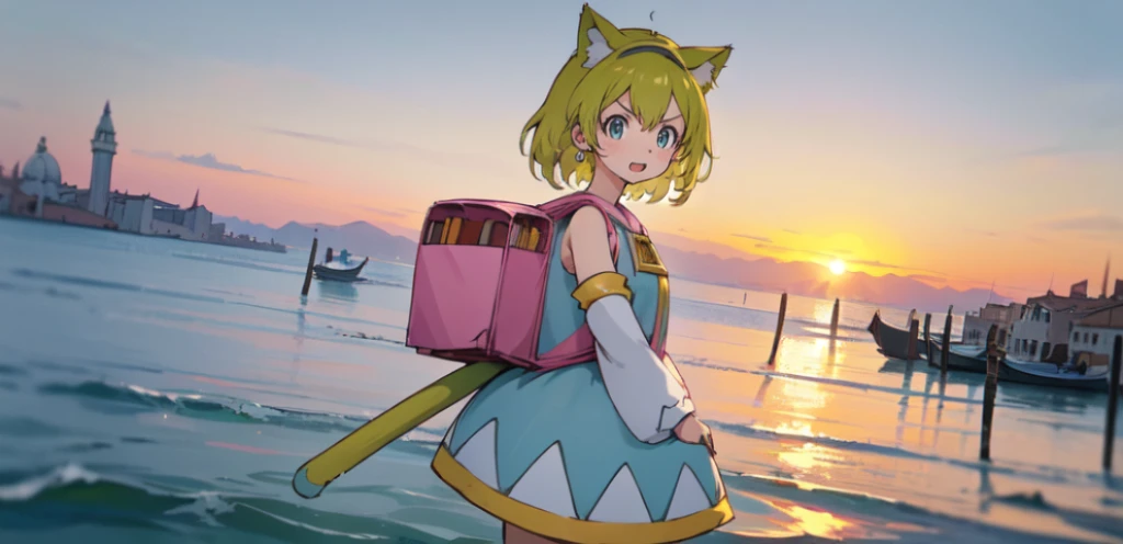 ,1girl, solo, green hair, open mouth, cat ear, tail, detached sleeves, dress, clothes, backpack, randoseru, Venezia, beautiful city with a view of the ocean, sunset, she is watching the sunset,