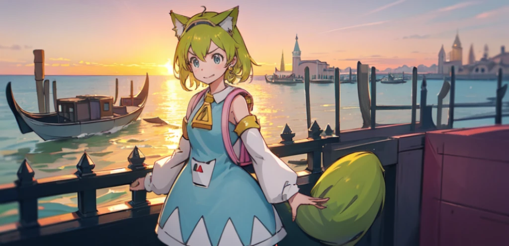 ,1girl, solo, green hair, open mouth, cat ear, tail, detached sleeves, dress, clothes, backpack, randoseru, Venezia, beautiful city with a view of the ocean, sunset, she is watching the sunset,