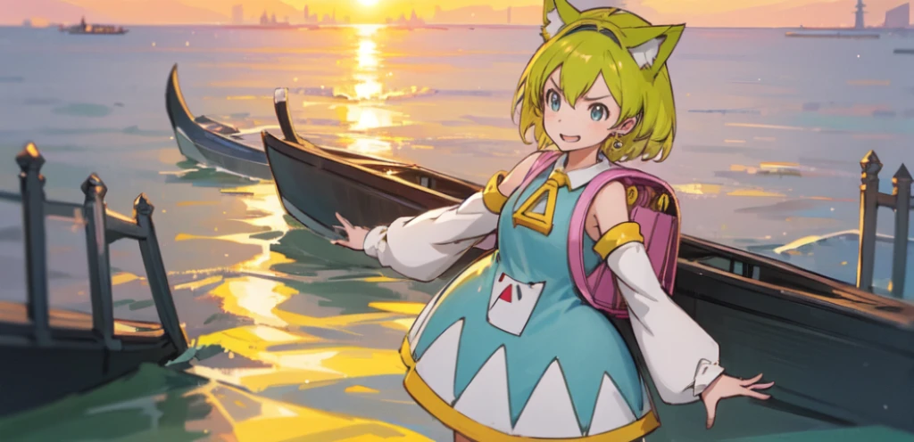 ,1girl, solo, green hair, open mouth, cat ear, tail, detached sleeves, dress, clothes, backpack, randoseru, Venezia, beautiful city with a view of the ocean, sunset, she is watching the sunset,