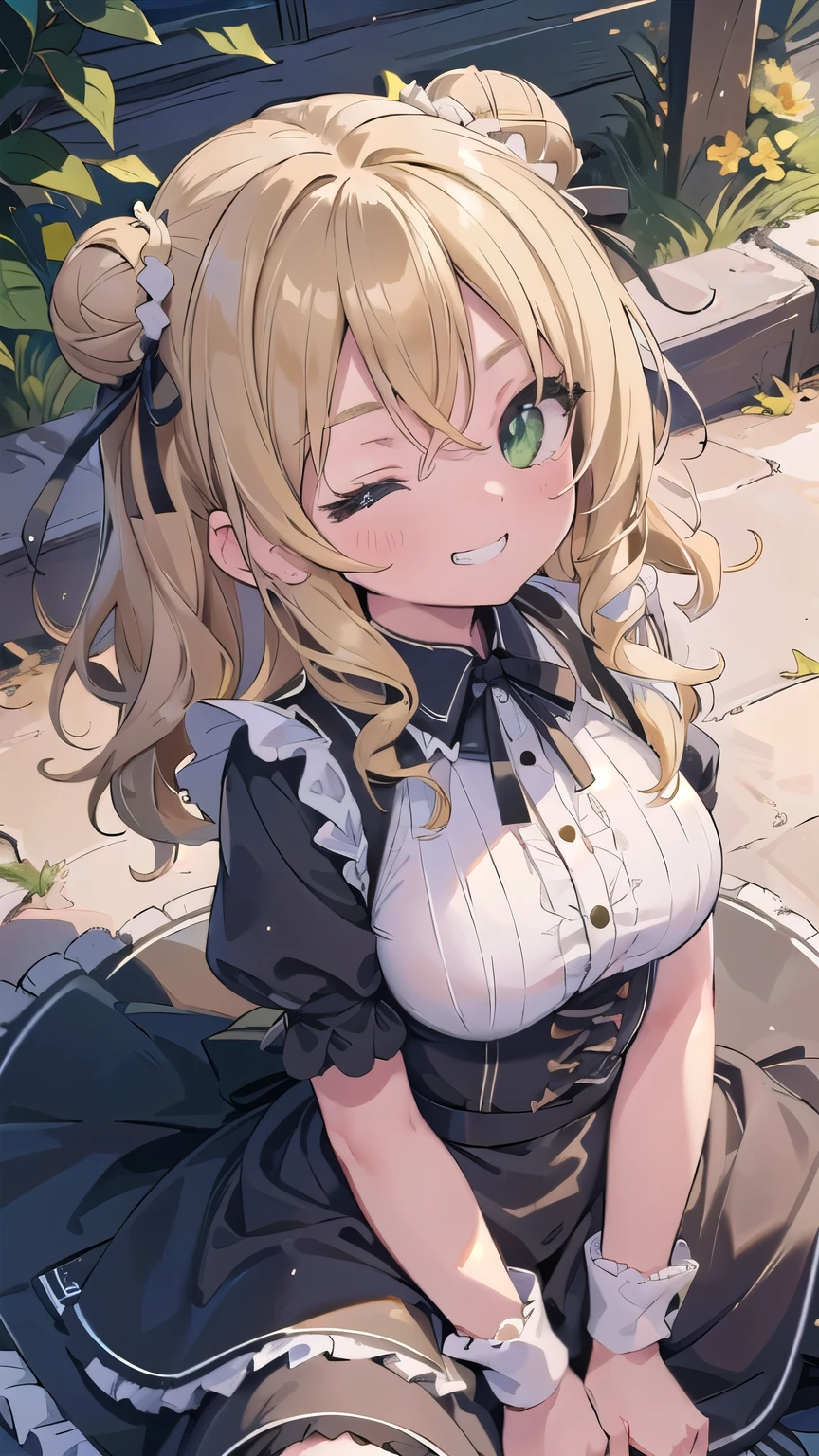 (masterpiece:1.2), (highest quality:1.2), perfect eyes, perfect face, perfect lighting, sunlight, outdoor, desert, 1 girl, blonde, yellow-green eyes, one eye closed, (((wavy hair))), bun_head, medium hair, ((gothic maid)), cute eyes, closed mouth, ((from above)), ((front)), arms behind head , ((spread legs)), ((grin)), spoken heart, (big breasts)