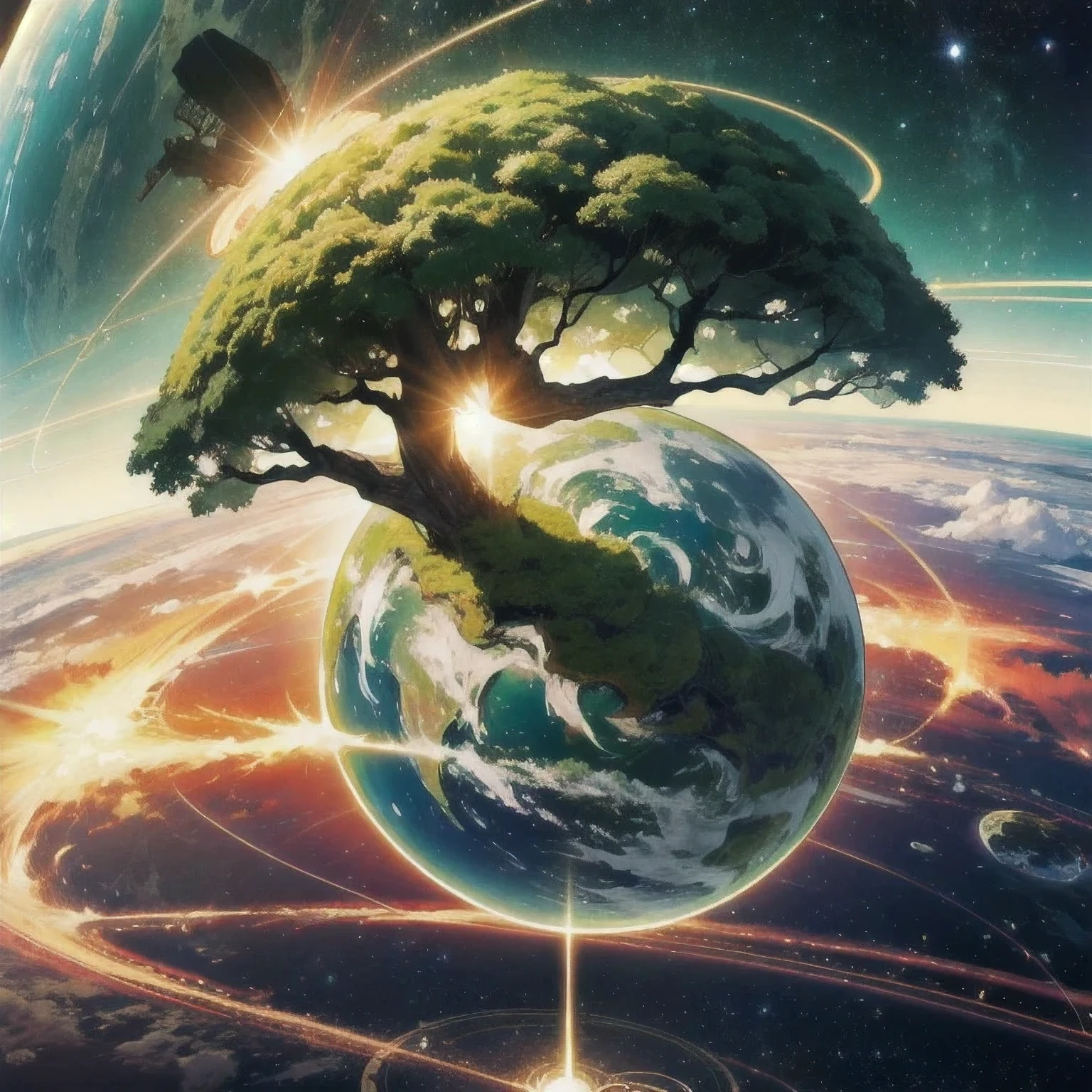 Green planet with giant tree in ring around the planet,seen from space