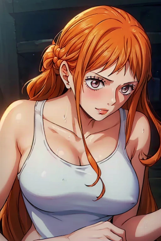 (((masterpiece))), (((best quality))), ((ultra-detailed)), (highly detailed CG illustration), Nami, (nsfw:1.2), (masterpiece:1.5), Detailed Photo, Sexy, (Best Quality: 1.4), (1girl), Beautiful Face, (Orange Hair, long Hair: 1.3), Beautiful Hairstyle, beautiful detail eyes, (realistic skin), beautiful skin, absurd, attractive, ultra high resolution, high definition, (sexually aroused:1.5), Pinkish white skin, cool white light, sexy pose, Beautiful , white background, pink soft white light, Wear a white tank top, (bukkake:1.5), 