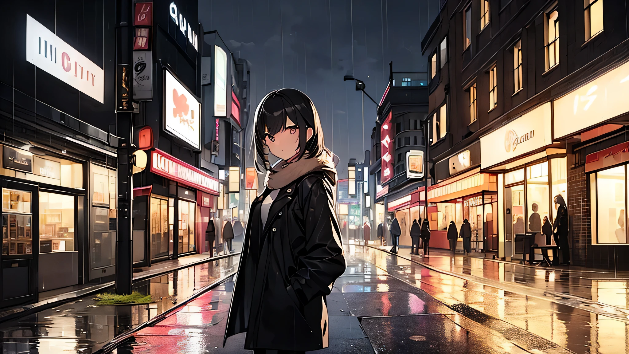 1 girl, (1 girl at night city:1.3), (solo), street, rain, no people, umbrella, dark light