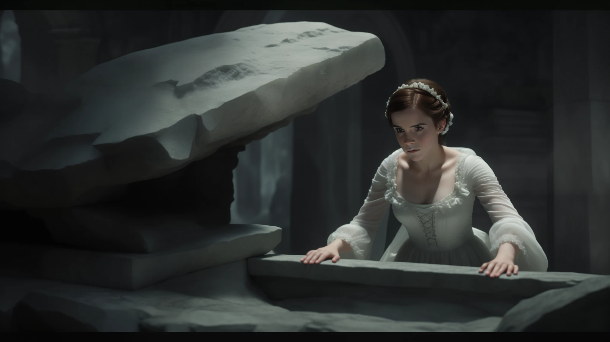 a woman in a white dress is looking at a stone, belle, film still of emma watson, pale snow white skin, movie still of emma watson, emma watson as the queen of ice, 4k hd. snow white hair, still from a fantasy movie, movie screen shot, emma watson as driada, beautiful frankenstein, ancient queen emma watson, the most beautiful scene