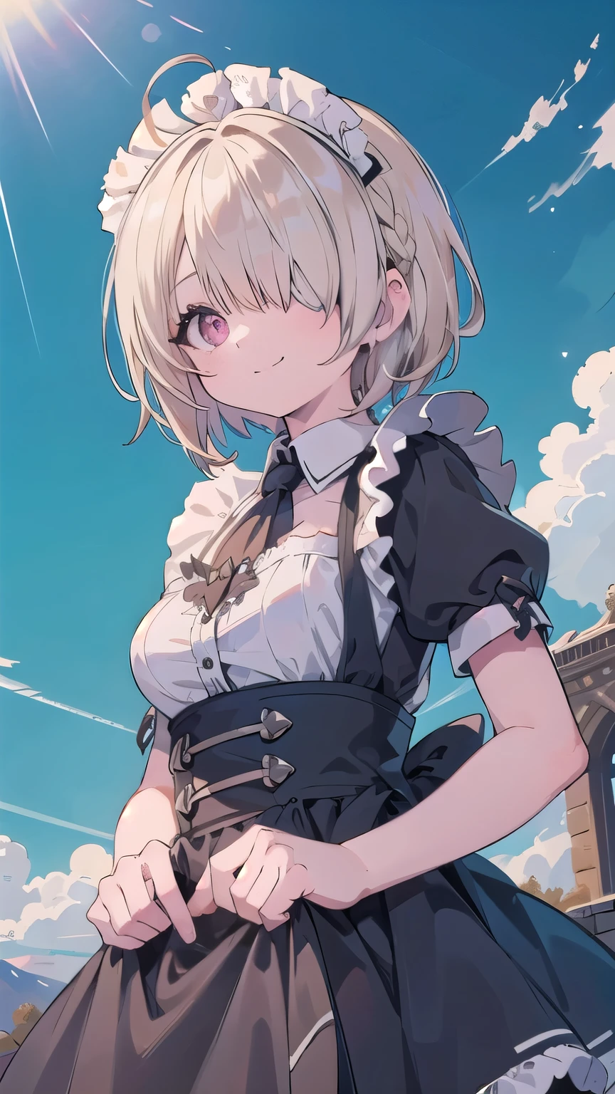 (masterpiece:1.2), (highest quality:1.2), perfect eyes, perfect face, perfect lighting, sunlight, outdoor, desert, 1 boy,blonde red eye, ((((((hair over one eye)))))), Braid Styles, spiked hair, blunt bangs, bob hair, single braid, a braid, Ahoge, cute eyes,, (((gothic maid))), cute eyes, closed mouth, ((from below)), From the side, ((smile)), spoken heart, big breasts, wariza