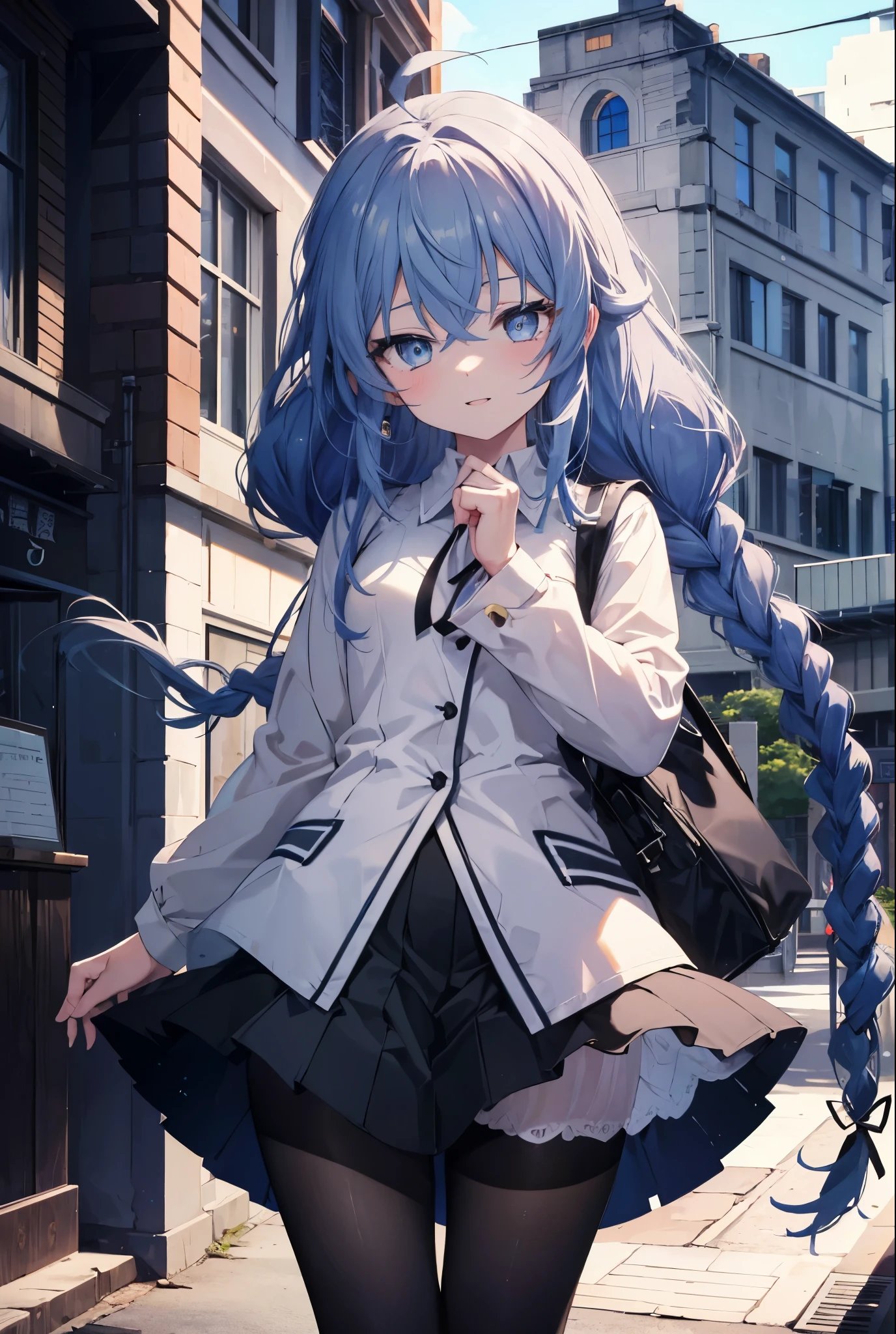 (masterpiece,intricate details),1 girl,mature woman,light _face, BREAK Roxymigurdia, Roxy, Ahoge, black ribbon, blue eyes, blue hair, Braid, hair between eyes, hair ribbon, long hair, twin Braids, very long hair,happy smile, smile, open your mouth, Destroy White Y-Shirt,Blue Blazer,Blue pleated skirt,Gray pantyhose,White Loafers,
壊す looking at viewer,
break outdoors, In town,Destroy a city of buildings (masterpiece:1.2), highest quality, High resolution, unity 8k wallpaper, (figure:0.8), (detailed and beautiful eyes:1.6), 非常に詳細なface, perfect lighting, Very detailed CG, (perfect hands, perfect anatomy),