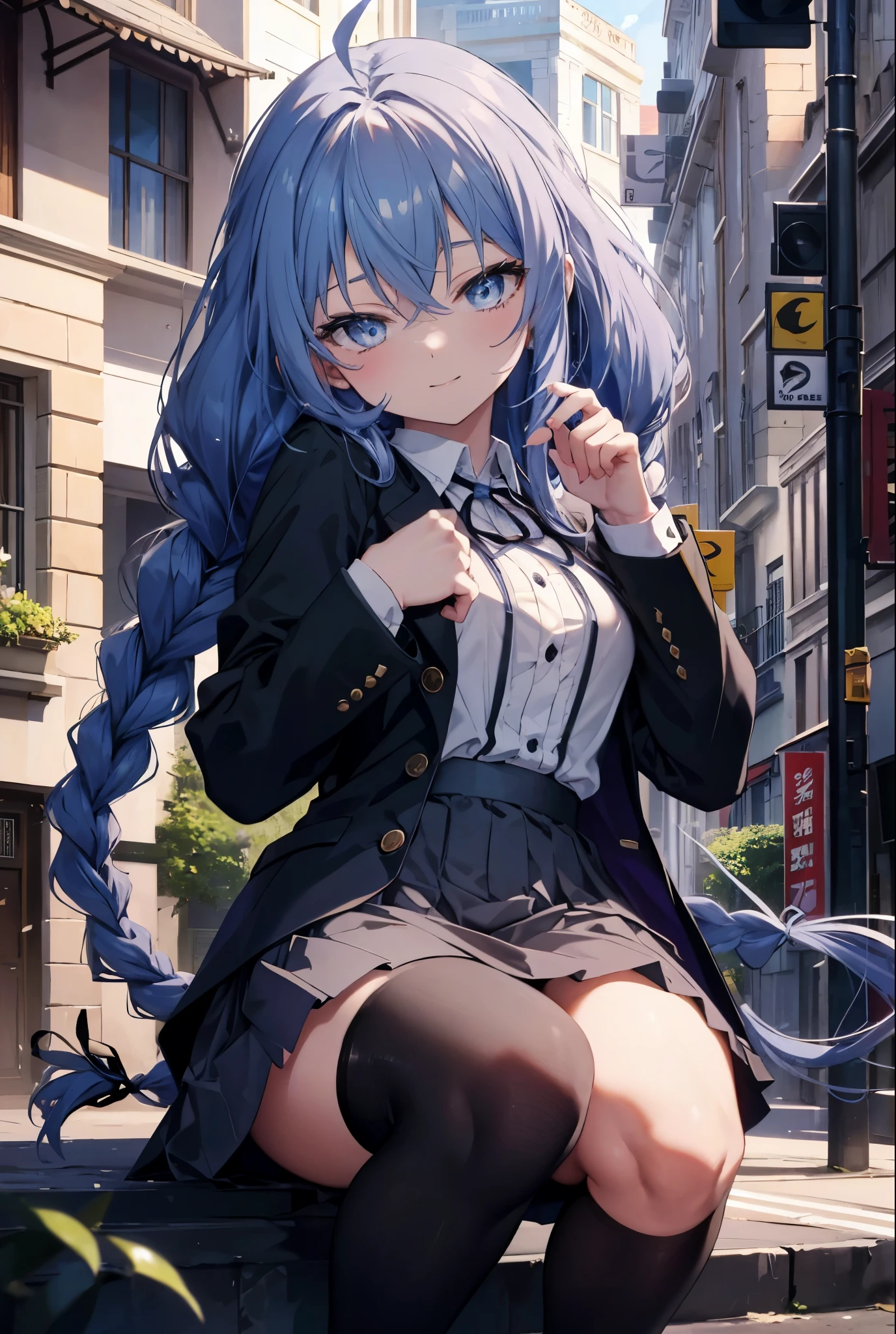(masterpiece,intricate details),1 girl,mature woman,light _face, BREAK Roxymigurdia, Roxy, Ahoge, black ribbon, blue eyes, blue hair, Braid, hair between eyes, hair ribbon, long hair, twin Braids, very long hair,happy smile, smile, open your mouth, Destroy White Y-Shirt,Blue Blazer,Blue pleated skirt,Gray pantyhose,White Loafers,
壊す looking at viewer,
break outdoors, In town,Destroy a city of buildings (masterpiece:1.2), highest quality, High resolution, unity 8k wallpaper, (figure:0.8), (detailed and beautiful eyes:1.6), 非常に詳細なface, perfect lighting, Very detailed CG, (perfect hands, perfect anatomy),