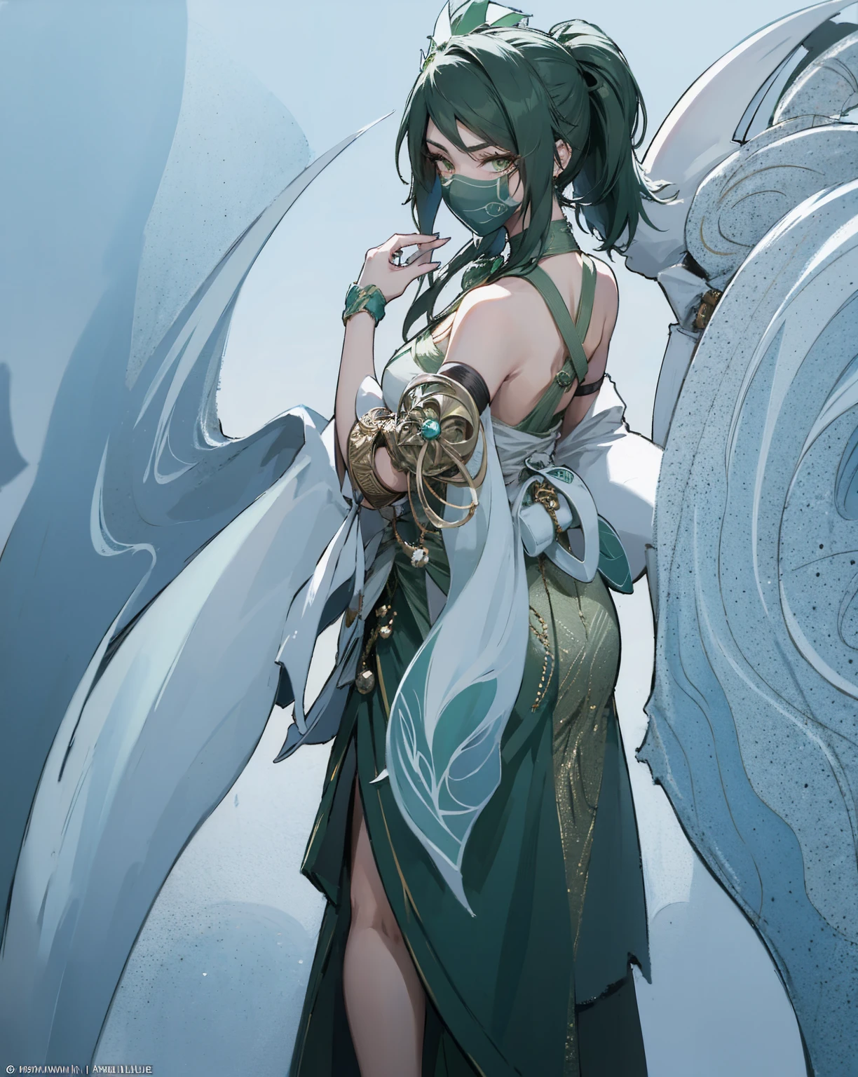 1 plump girl, full body standing painting, solo, Ninja Clothes, Gorgeous white dress, Akali, Akali League of Legends, Akali mask, (block number. 1:1.2),