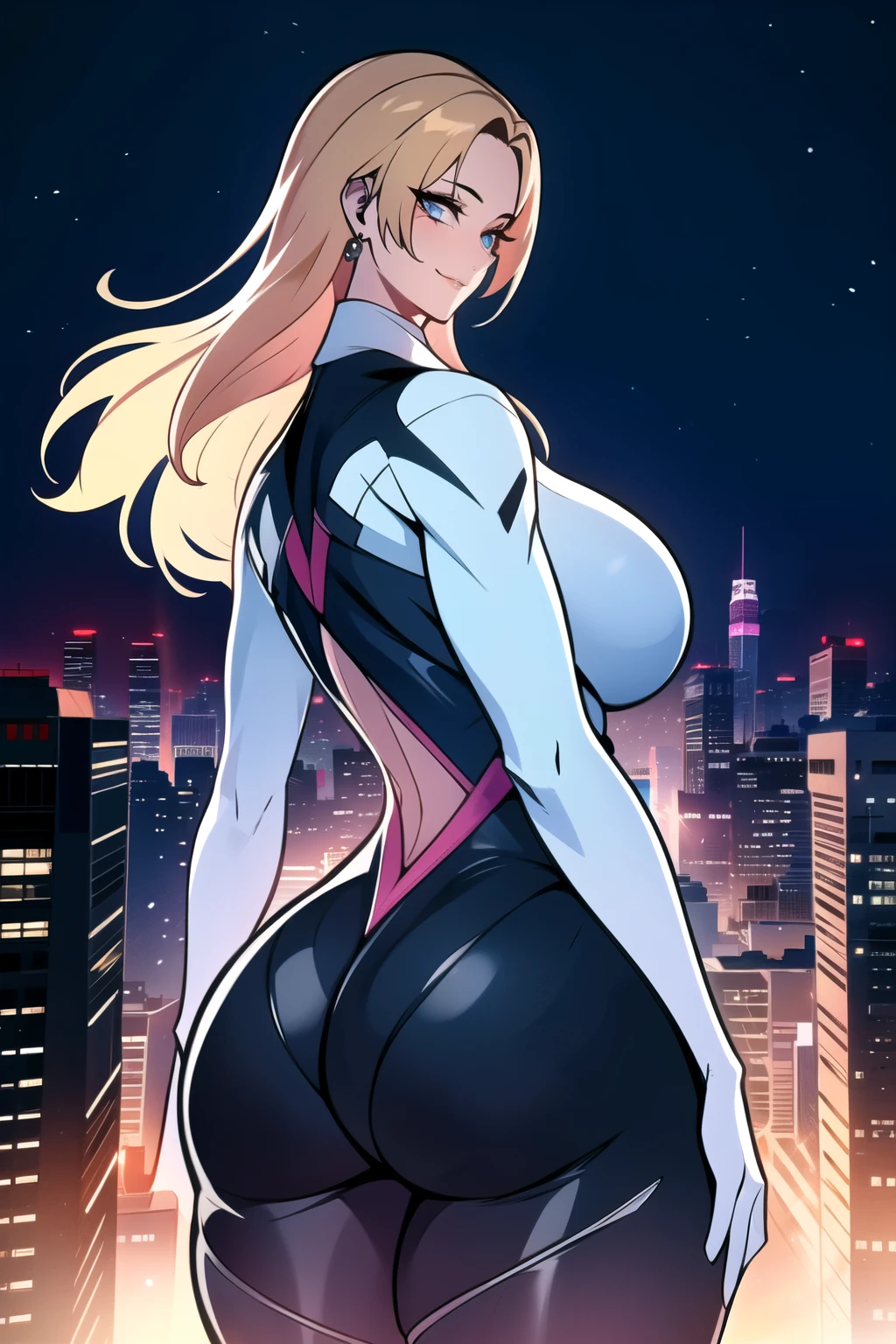 ultra realistic 8k cg, masterpiece, ((ultra detailed background, intricate detail, highly detailed, fine details best quality, hyperdetailed face)), gigantic breasts ,beautiful lighting, absurdres, BoaHancockV2, 1girl, solo, blonde hair, long hair, jewelry, closed mouth, ), (Spider-gwen costume, curvy, shiny clothes), blue eyes, complex detailed background, outside, standing on top of buildings at night), ((cowboy shot)), curvy, (gigantic breasts: 1.1), seductive smile, cowboy shot, curvy ass, big butt, bubble butt,