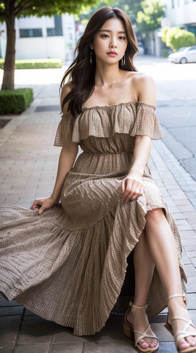 dark brown hair、light brown eyes、Japanese actress face、 lady、I'Iは彼とIが好きです'I'Iは40歳くらいです.、(intricate details:1.2)、(which one is the top?:1.4)、 (ultra high resolution:1.2)、ultra high resolution、(finely tuned)、(detailed facial features)、nffsw、8K resolution、D cup size breasts、long hair、1 girl, A look of deep sadness, (Highly detailed beautiful face), (A loose fitting dress :1.5),(bare shoulders:1.3), (highest quality:1.4), (Super detailed)、beautiful fair skin, Angle from below、 open your mouth a little、Visible legs、Pose of Weakness、obscene pose、Street fashion、very sandals、cutout design、Are standing、Los Angeles Streets、Ocean、coconut tree、