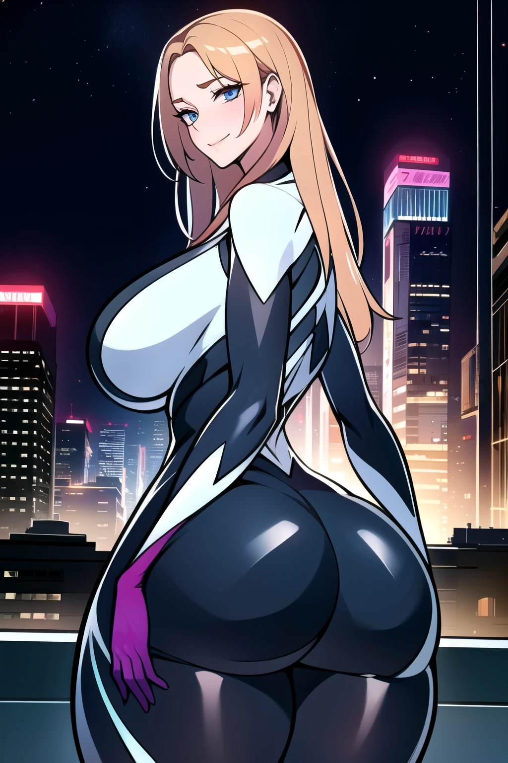 ultra realistic 8k cg, masterpiece, ((ultra detailed background,  intricate detail, highly detailed, fine details best quality, hyperdetailed face)), gigantic breasts ,beautiful lighting, absurdres, BoaHancockV2,  1girl, solo, blonde hair, long hair, jewelry, closed mouth, ), (Spider-gwen costume, curvy, shiny clothes), blue eyes, complex detailed background, outside, standing on top of buildings at night), ((cowboy shot)), curvy, (gigantic breasts: 1.1), seductive smile, cowboy shot, curvy ass, big butt, bubble butt, 