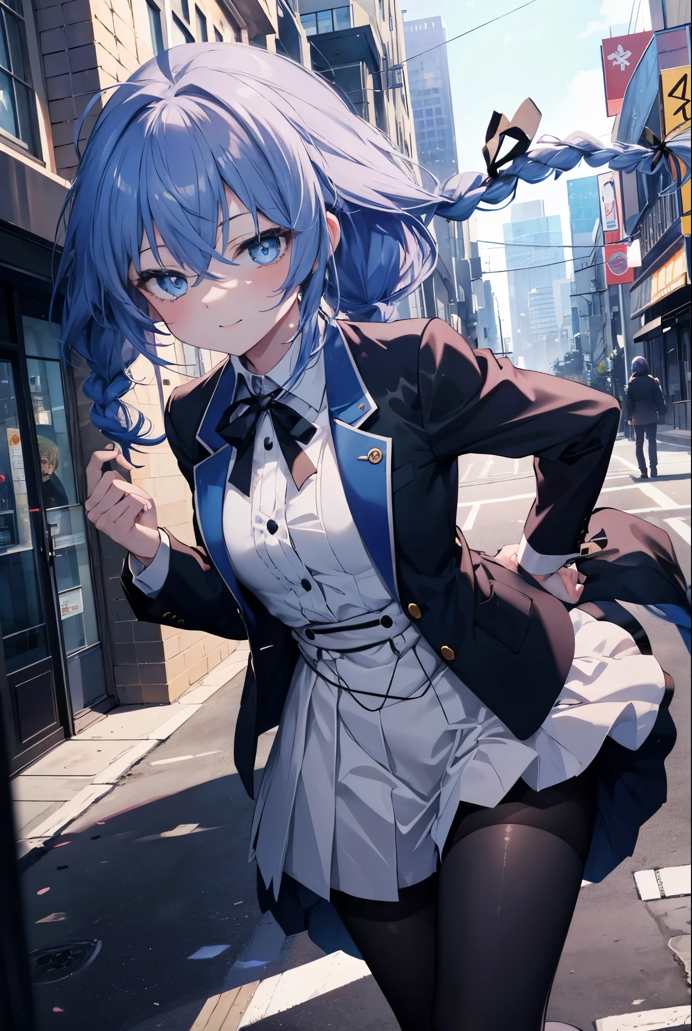 (masterpiece,intricate details),1 girl,mature woman,light _face, BREAK Roxymigurdia, Roxy, Ahoge, black ribbon, blue eyes, blue hair, Braid, hair between eyes, hair ribbon, long hair, twin Braids, very long hair,happy smile, smile, open your mouth, Destroy White Y-Shirt,Blue Blazer,Blue pleated skirt,Gray pantyhose,White Loafers,
壊す looking at viewer,
break outdoors, In town,Destroy a city of buildings (masterpiece:1.2), highest quality, High resolution, unity 8k wallpaper, (figure:0.8), (detailed and beautiful eyes:1.6), 非常に詳細なface, perfect lighting, Very detailed CG, (perfect hands, perfect anatomy),