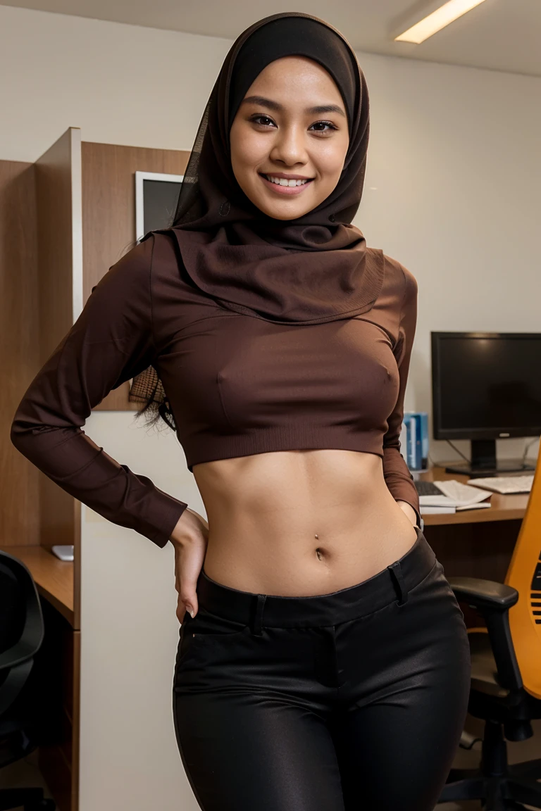 Nude 24 year old age malay woman with hijab,wearing office suit midriff,tight pants,closed mouth,smiling